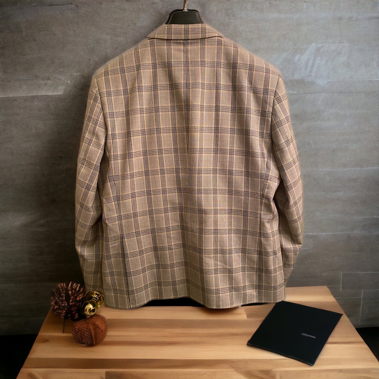 Khaki & Black Glen Plaid Three Piece Peak Lapel Ticket Pocket Suit, 50R / 44W Slim