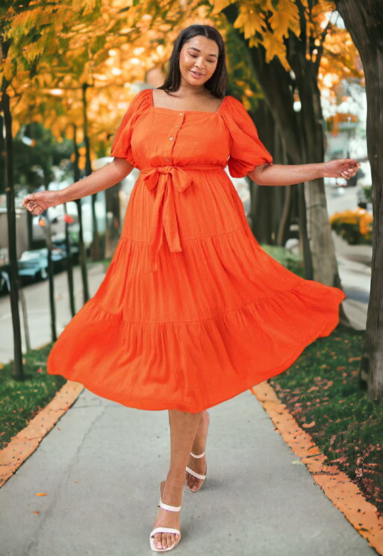 Solid Coral Midi Dress, Sizes 1X - 3X
