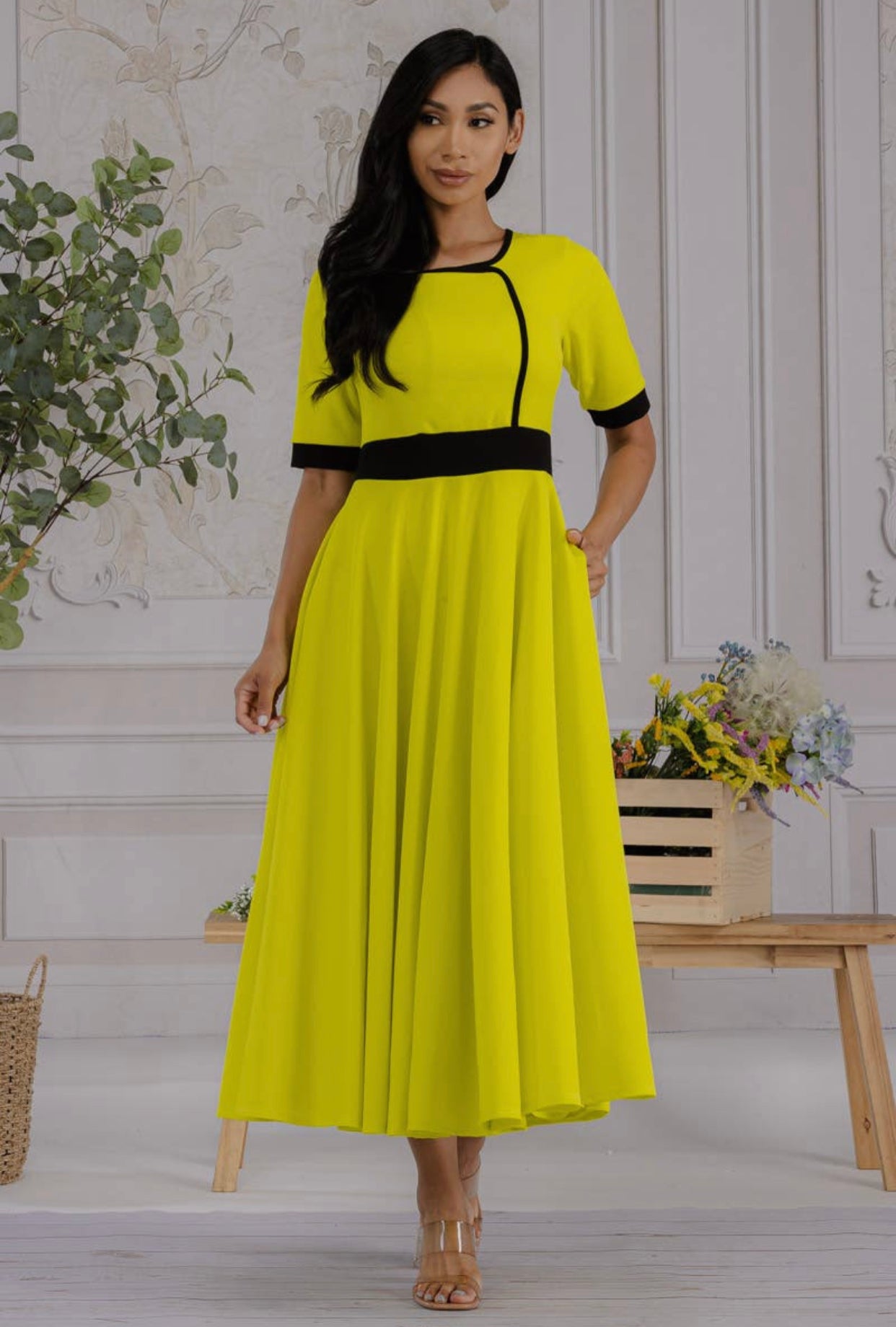 Chartreuse Contrast Trim Dress