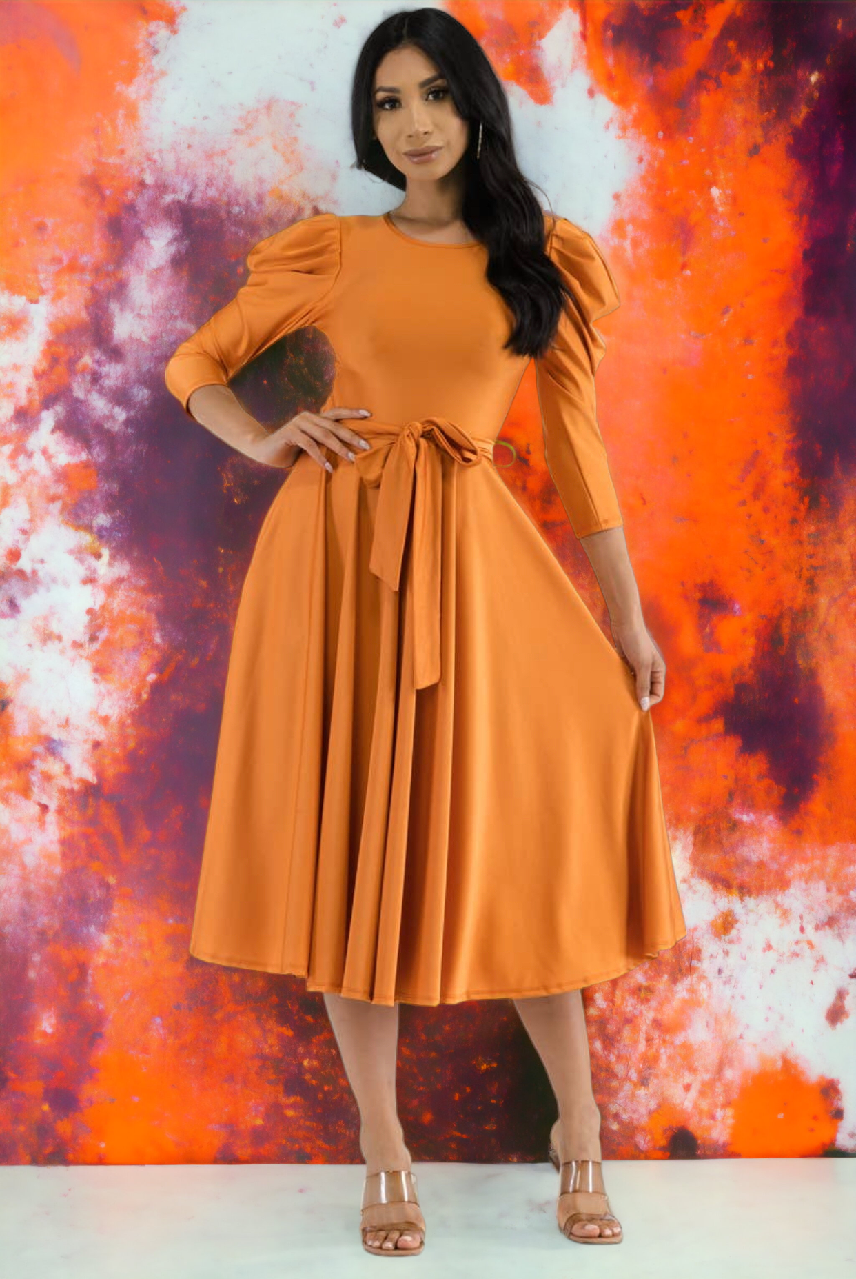Puff Sleeve Cocktail Dress, Sizes 1X - 3X (Orange)