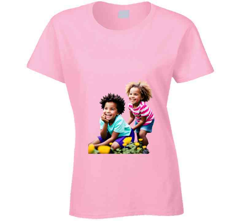 Sisters Playing In Flower Garden Ladies T Shirt