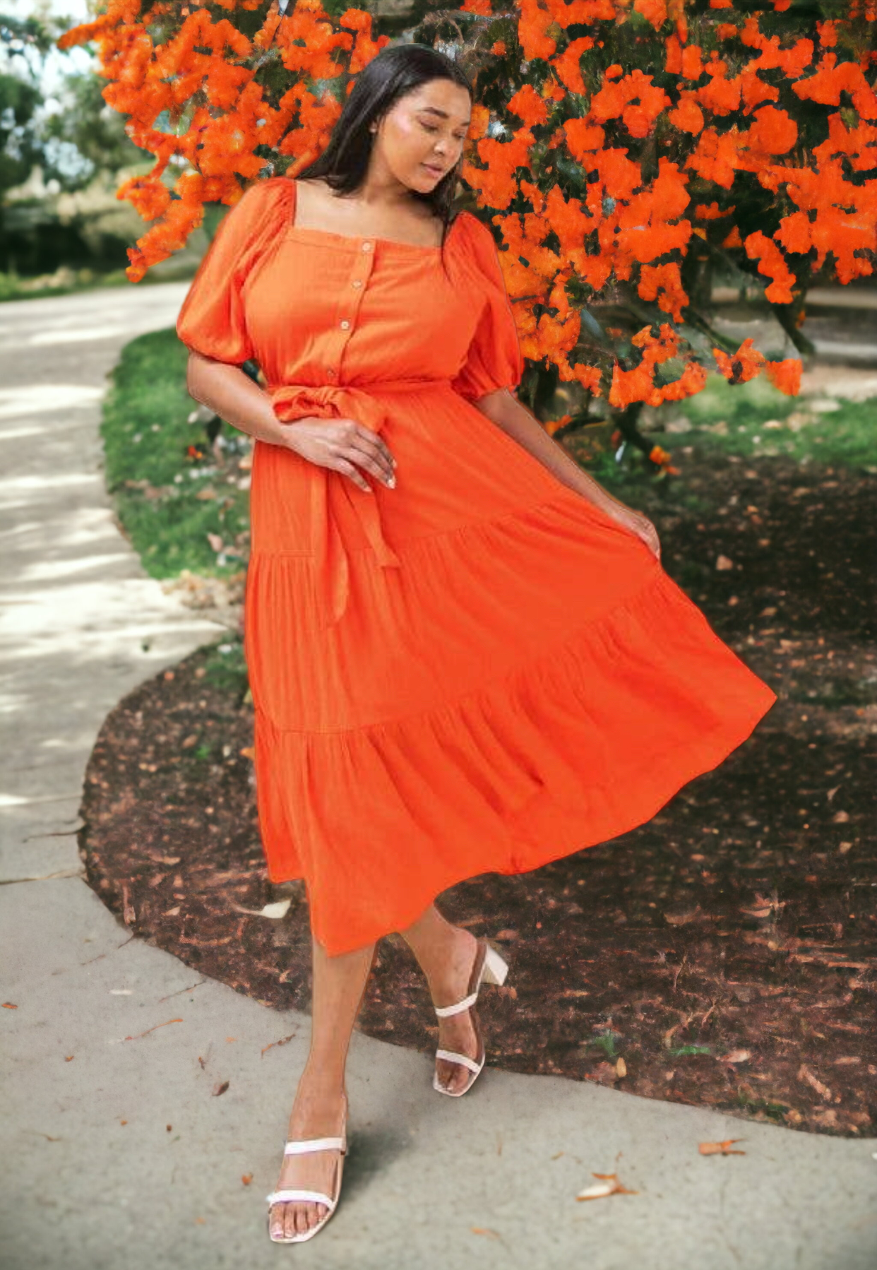 Solid Coral Midi Dress, Sizes 1X - 3X