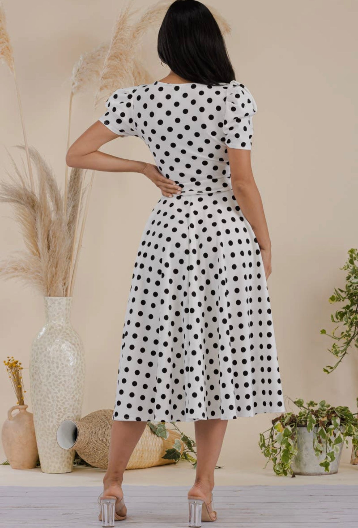 Puff Sleeve Polka Dot Cocktail Dress, Sizes 1X - 3X (Ivory)