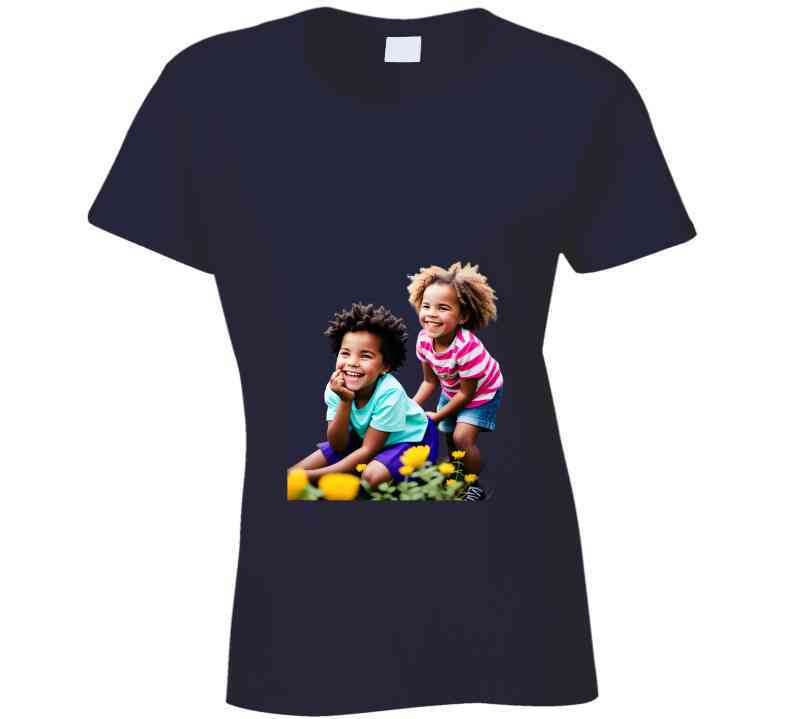 Sisters Playing In Flower Garden Ladies T Shirt