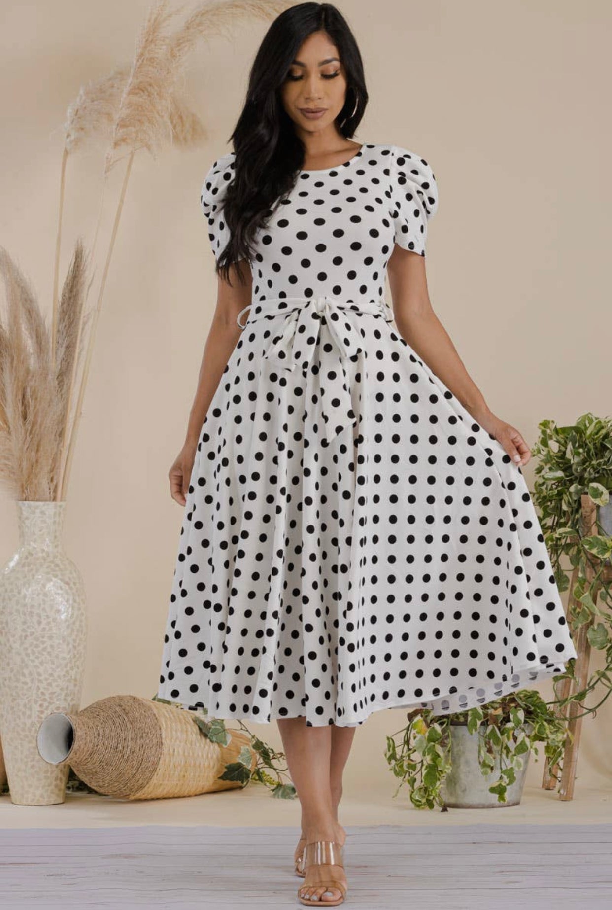 Puff Sleeve Polka Dot Cocktail Dress, Sizes 1X - 3X (Ivory)