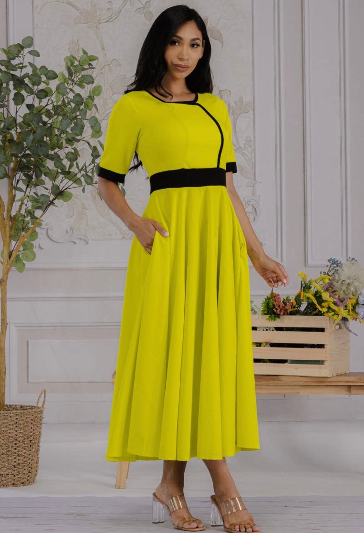 Chartreuse Contrast Trim Dress