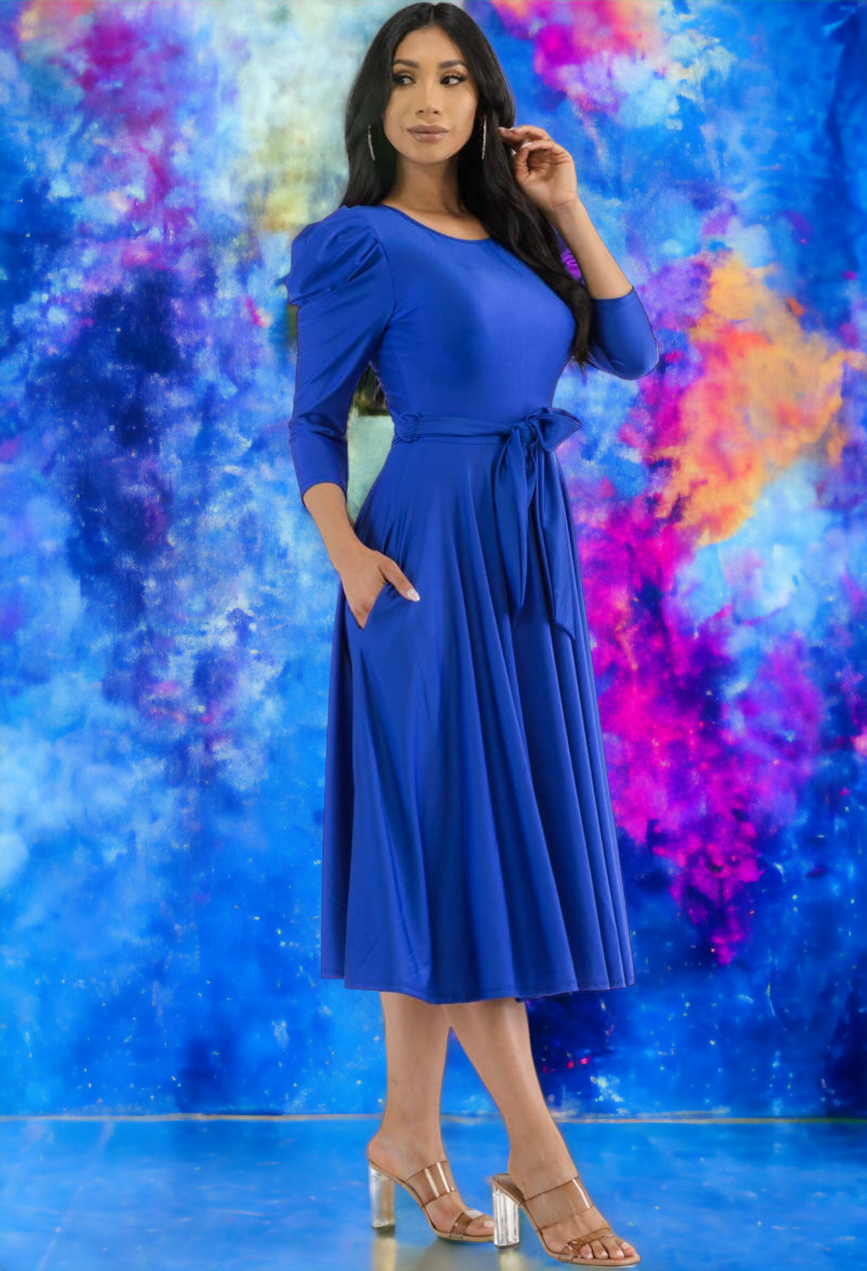 Puff Sleeve Cocktail Dress, Sizes 1X - 3X (Royal Blue)