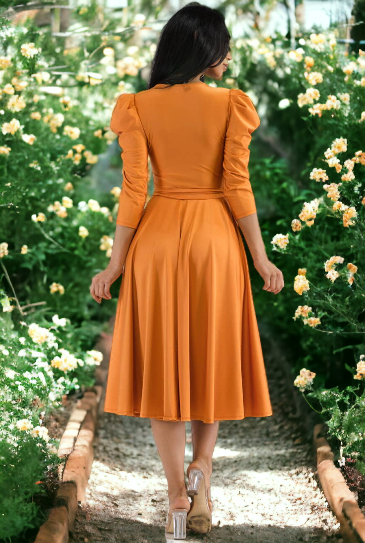 Puff Sleeve Cocktail Dress, Sizes 1X - 3X (Orange)