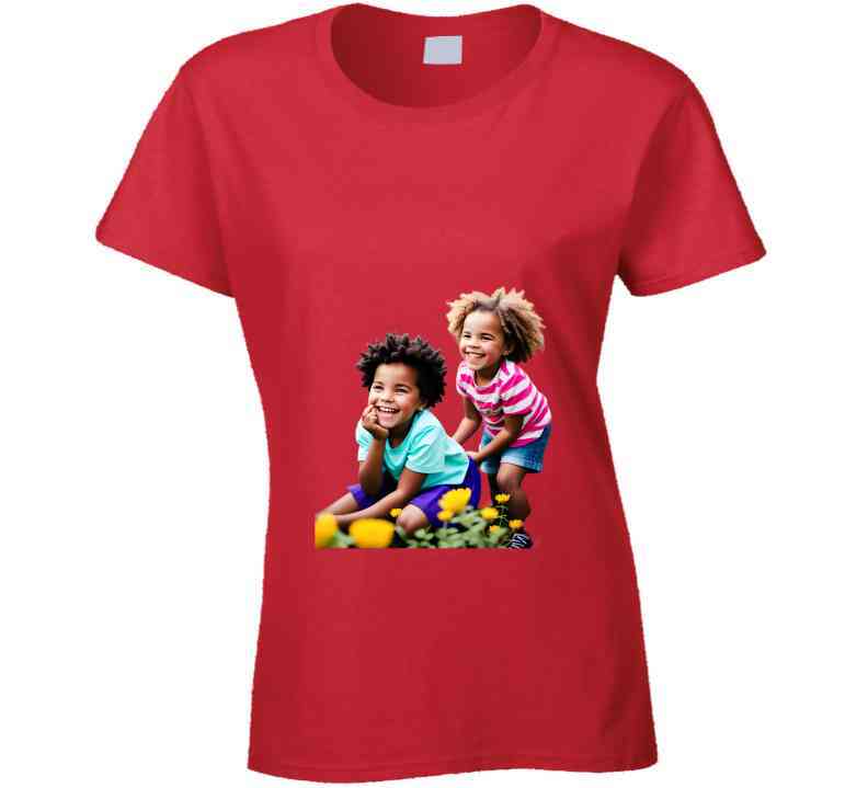 Sisters Playing In Flower Garden Ladies T Shirt