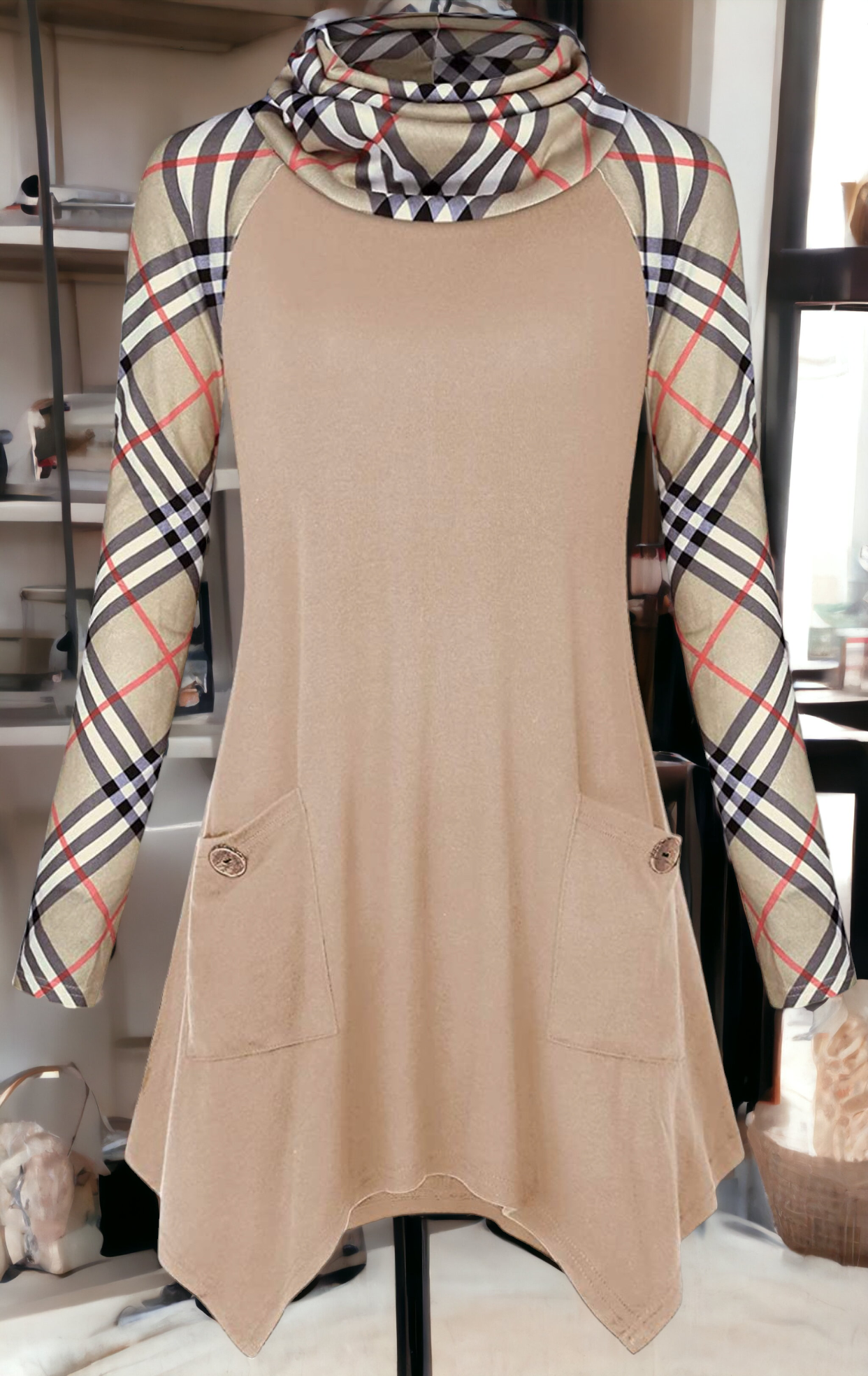 Cowl Neck Plaid Long Sleeve Top, Size XXL - NEW