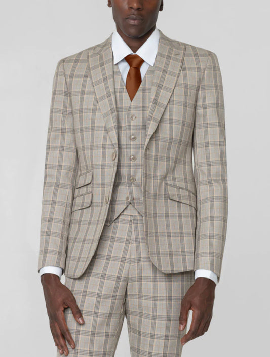 Khaki & Black Glen Plaid Three Piece Peak Lapel Ticket Pocket Suit, 50R / 44W Slim