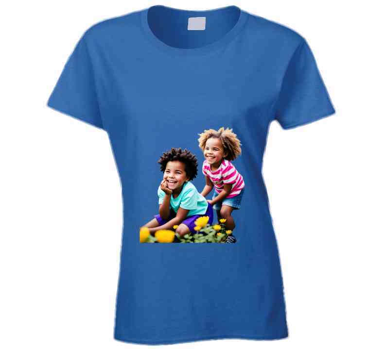 Sisters Playing In Flower Garden Ladies T Shirt
