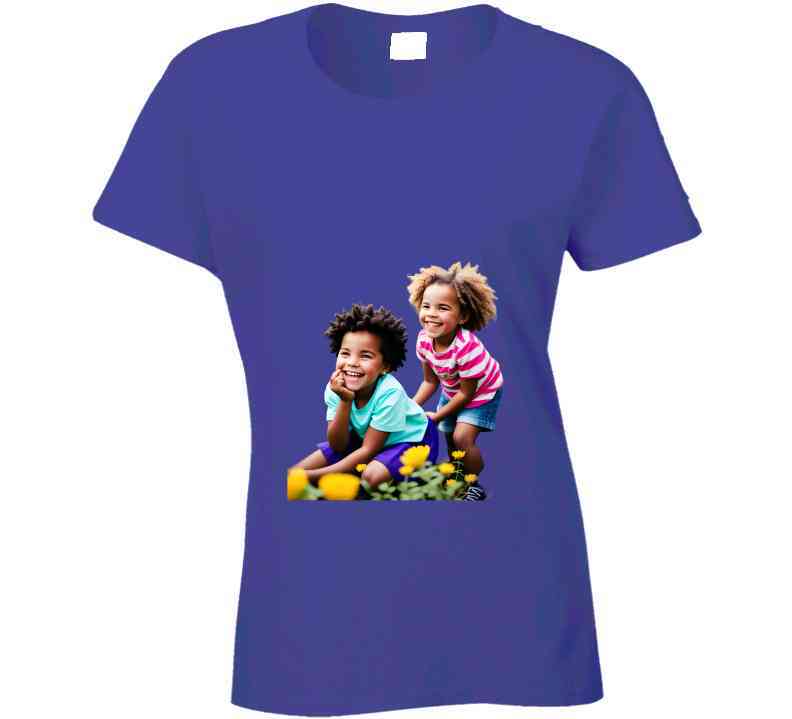 Sisters Playing In Flower Garden Ladies T Shirt