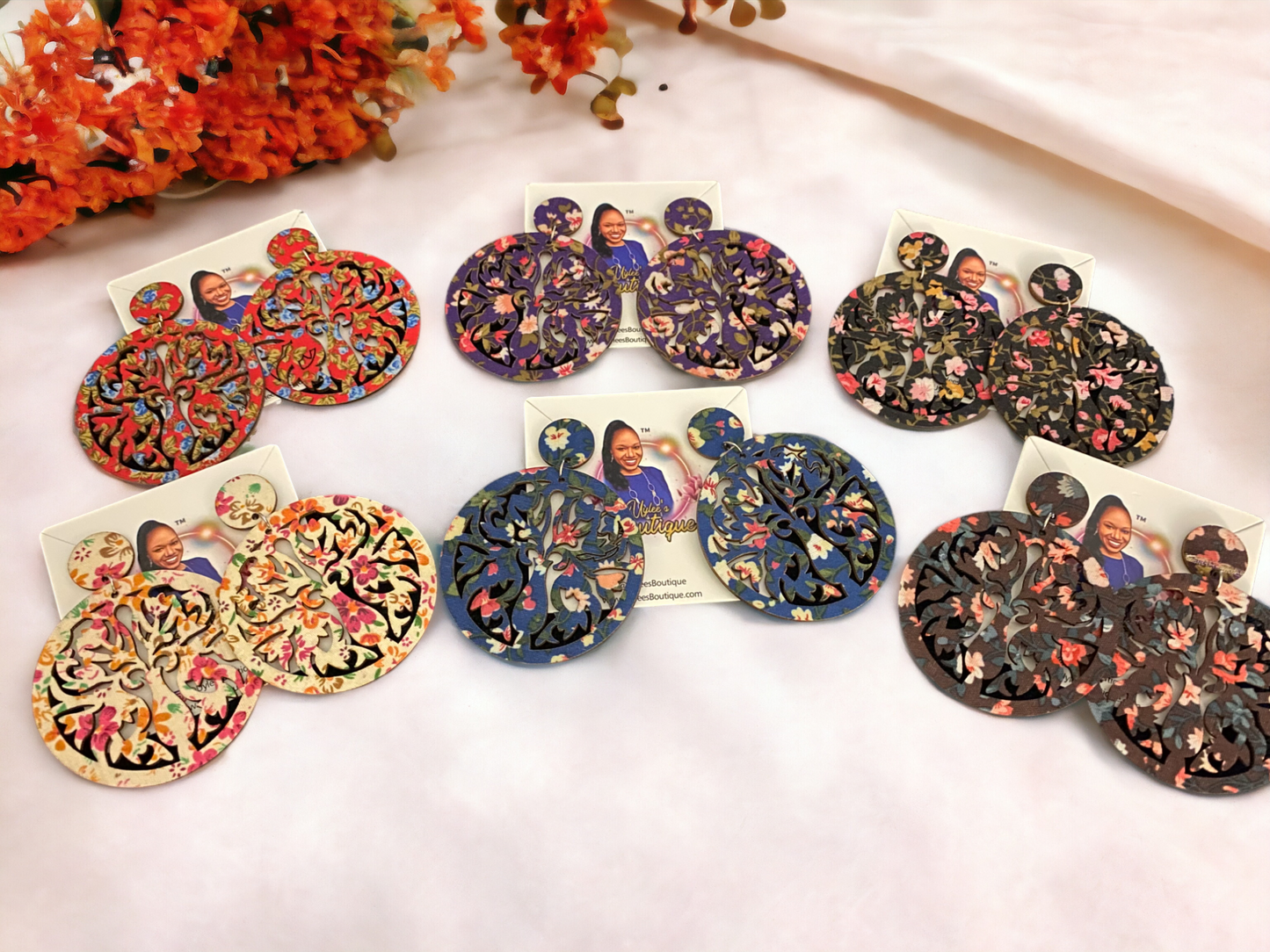 Round Hand Made Fabric African Print Wooden Earrings