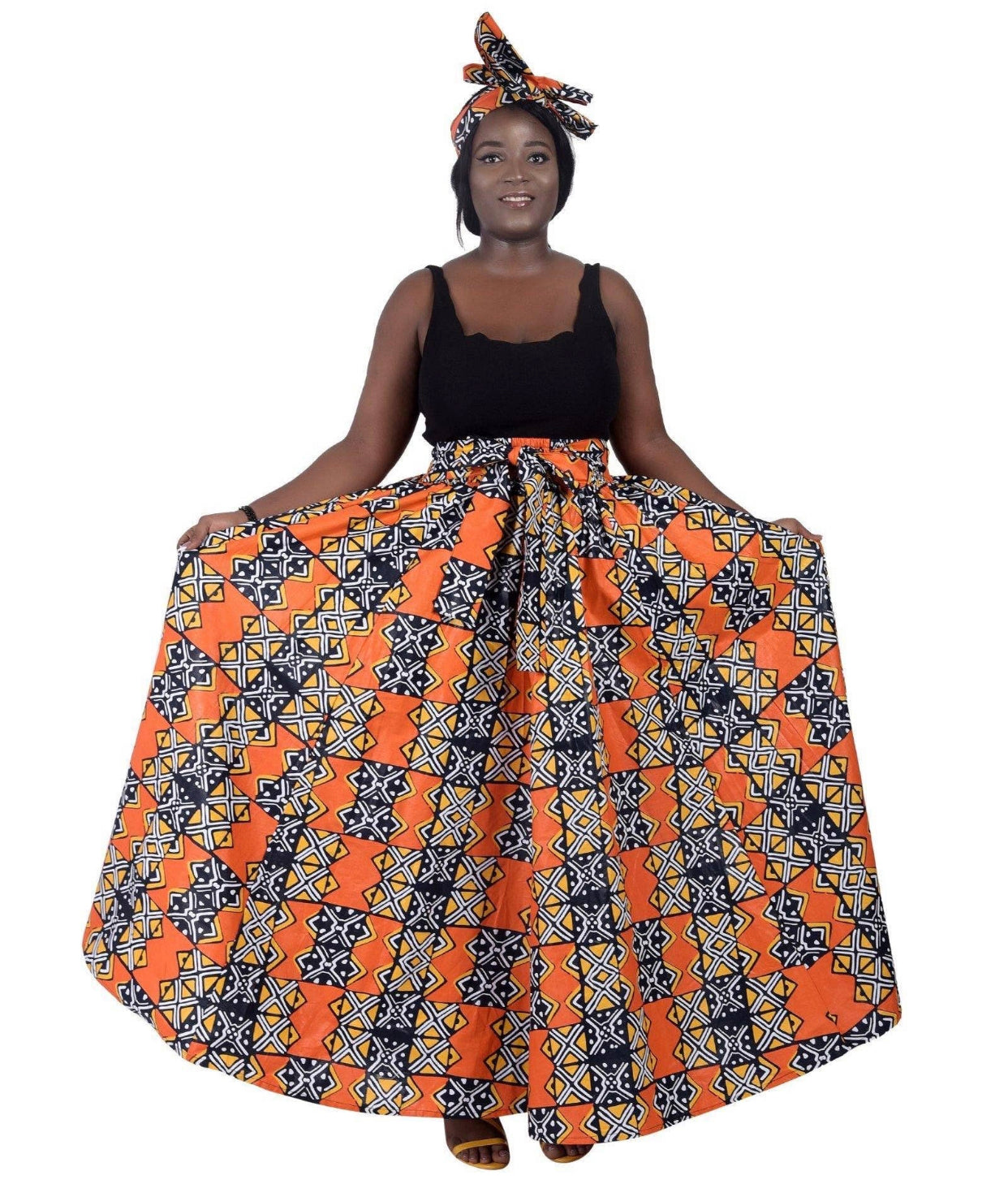 African Print Full Skirt with Coordinating Head Wrap (Orange Black Squared)