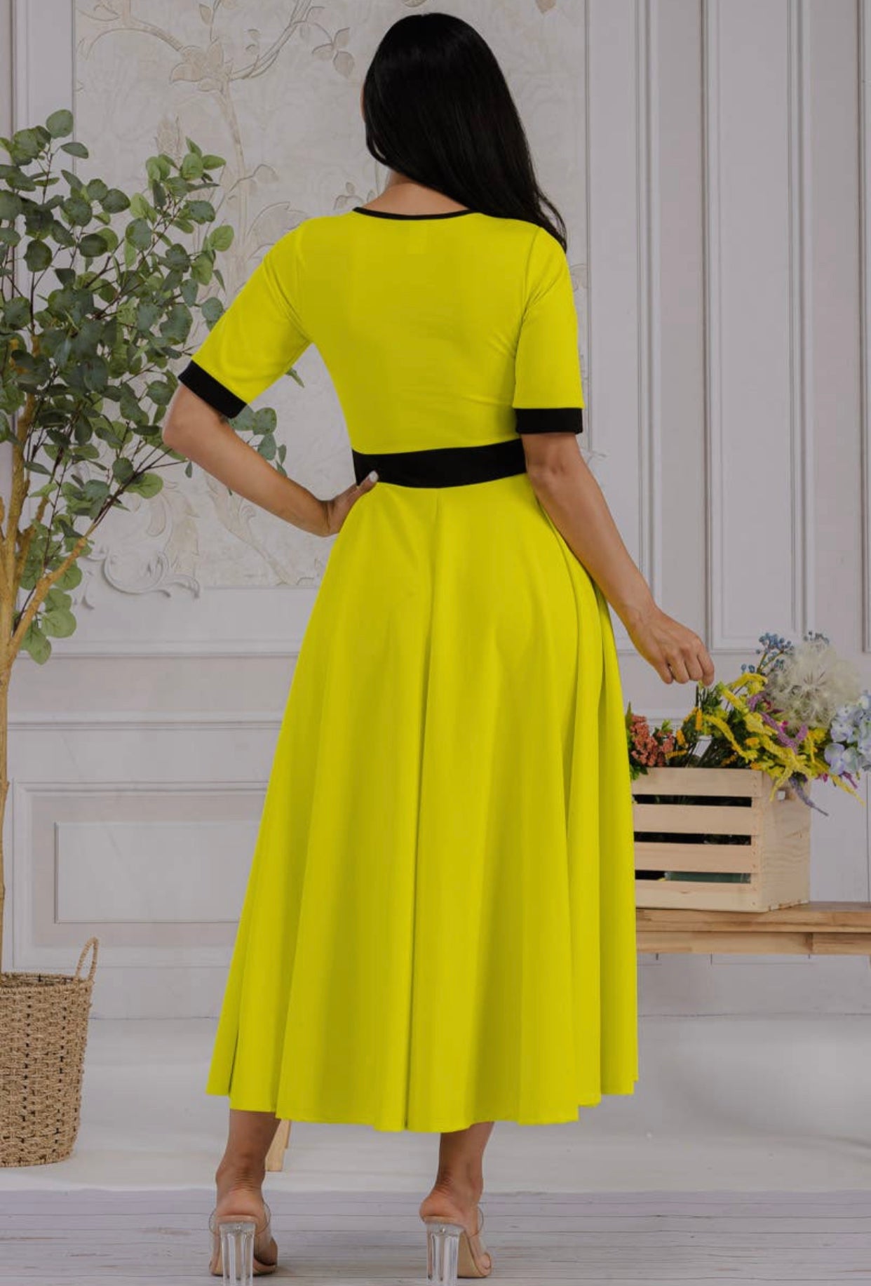 Chartreuse Contrast Trim Dress