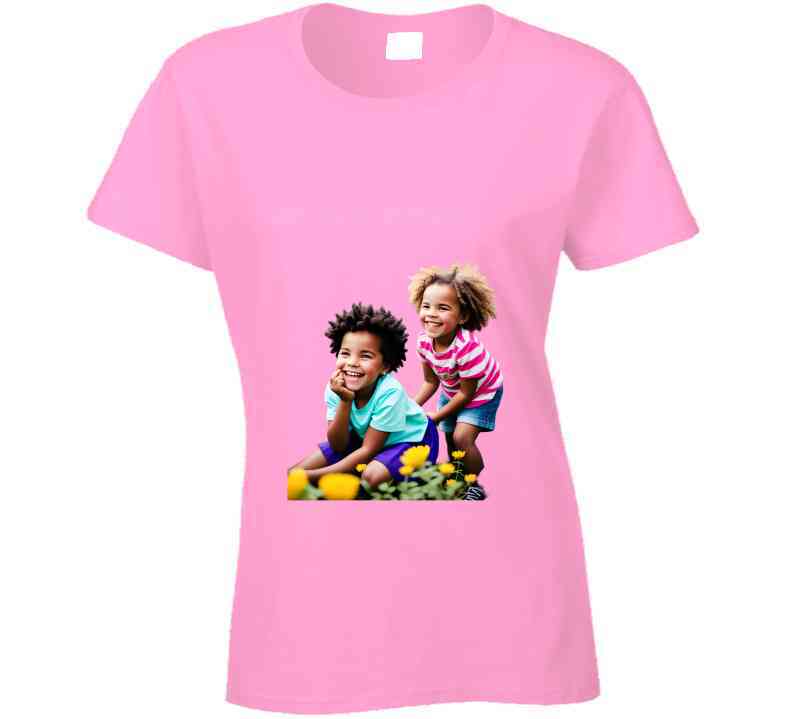 Sisters Playing In Flower Garden Ladies T Shirt