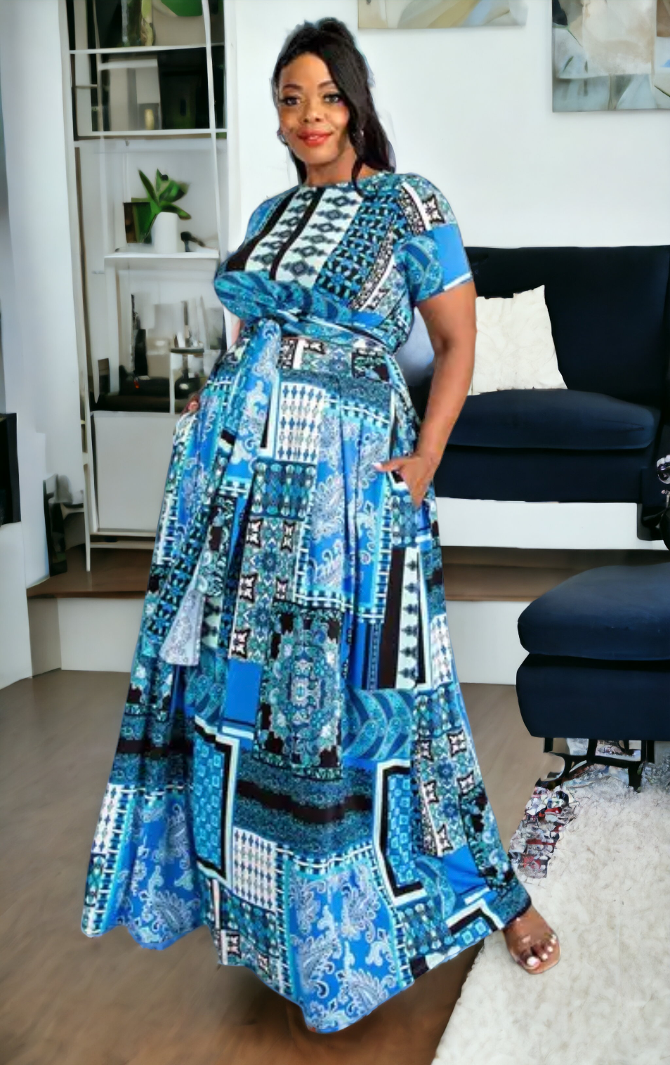 WRAP AROUND SHORT SLEEVE TOP AND MAXI SKIRT SET, Sizes 1X - 3X