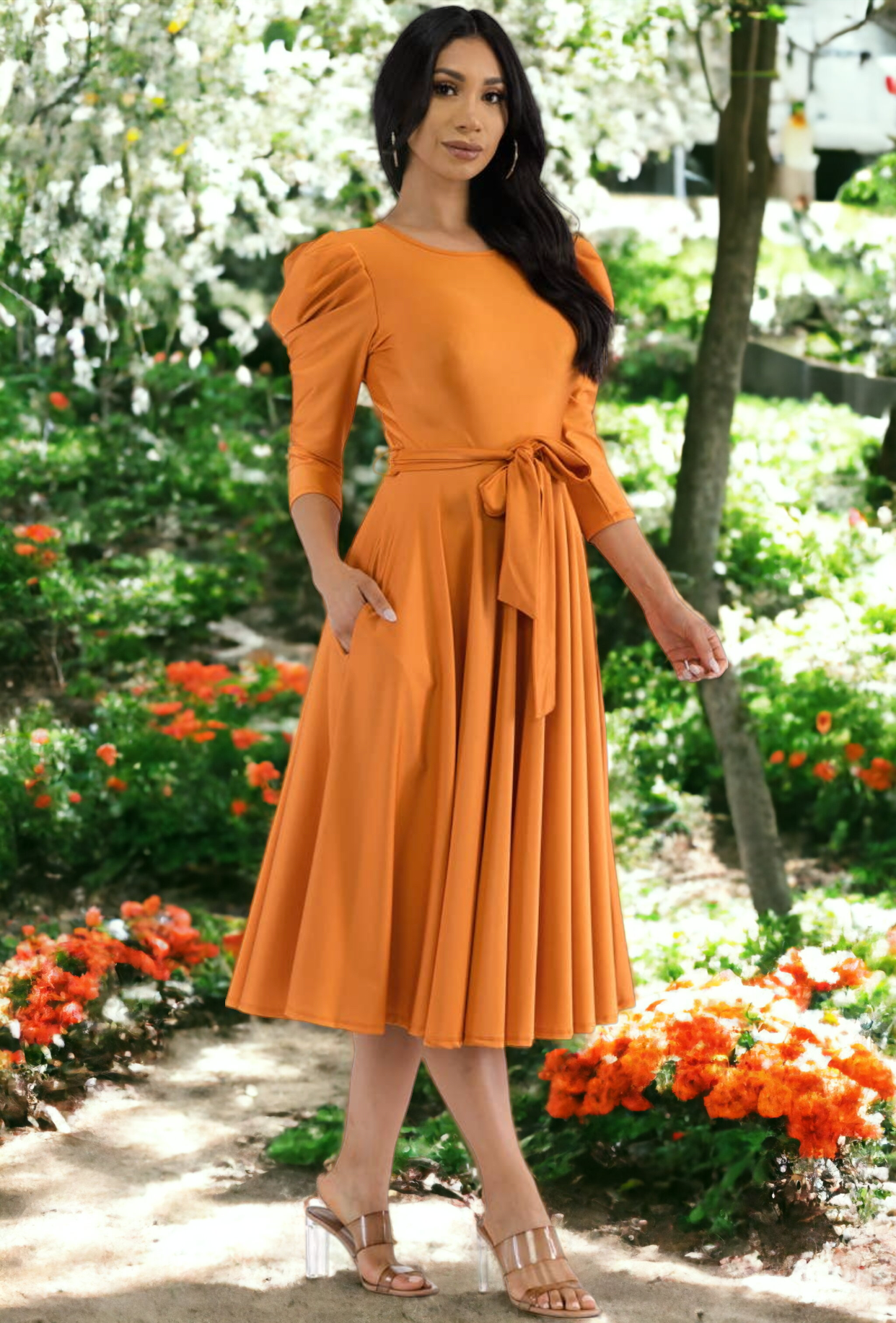 Puff Sleeve Cocktail Dress, Sizes 1X - 3X (Orange)