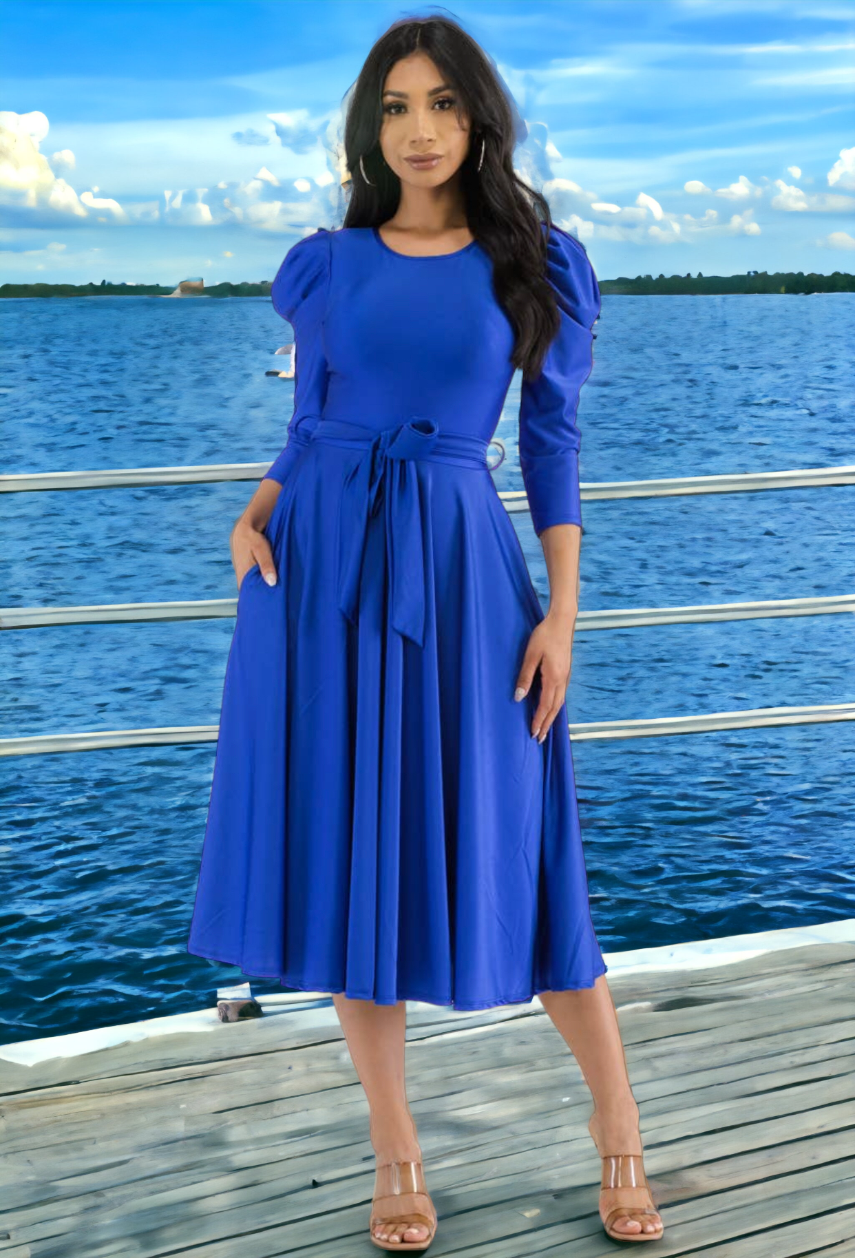 Puff Sleeve Cocktail Dress, Sizes 1X - 3X (Royal Blue)