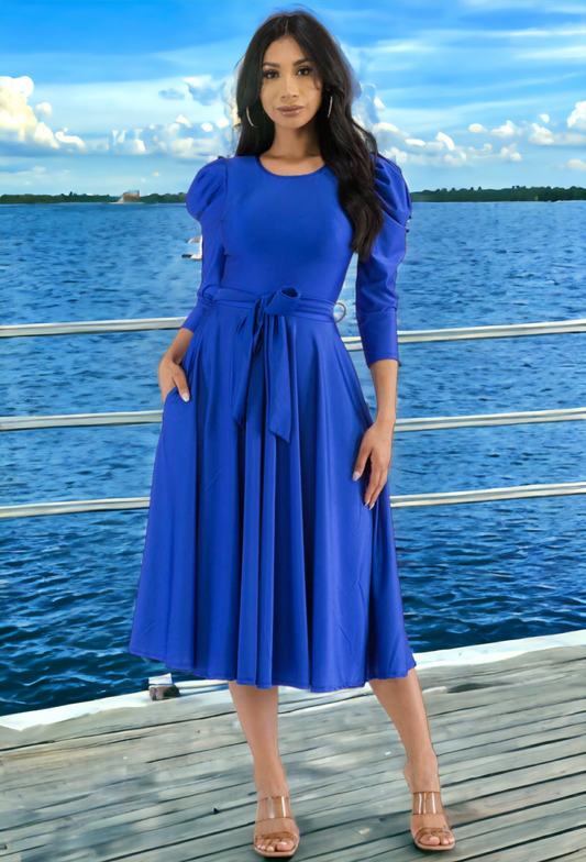 Puff Sleeve Cocktail Dress, Sizes 1X - 3X (Royal Blue)
