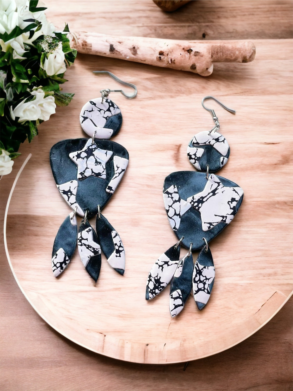 Hand Made Black and White Dangled Earrings