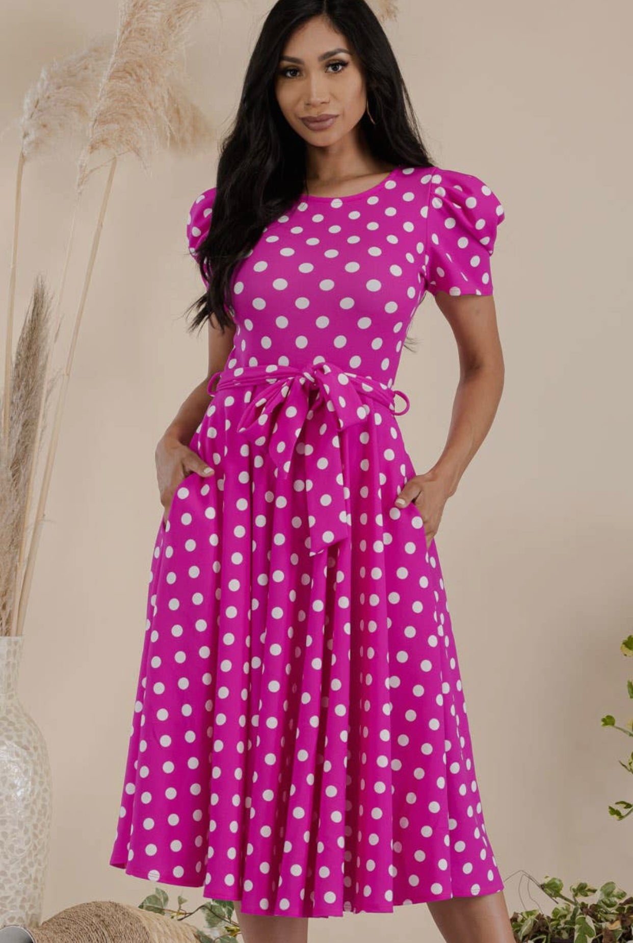 Puff Sleeve Polka Dot Cocktail Dress, Sizes 1X - 3X (Fuschia)