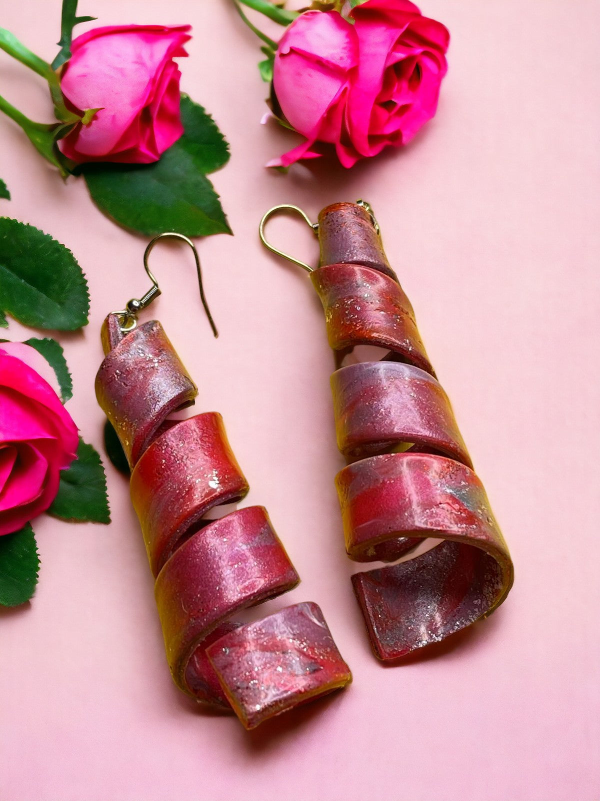 Handmade Red Dangle Long Spiral Earrings