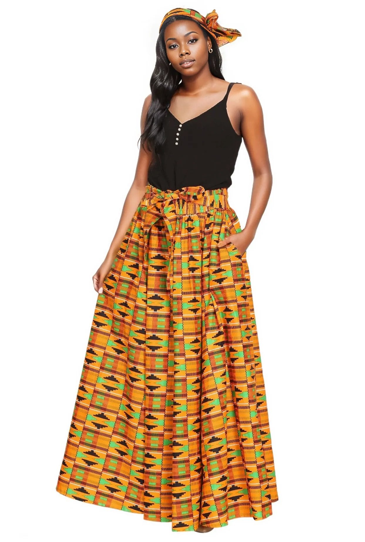Hand Made African Print Full Skirt with Coordinating Head Wrap and Facemask (Orange, Green, Black)