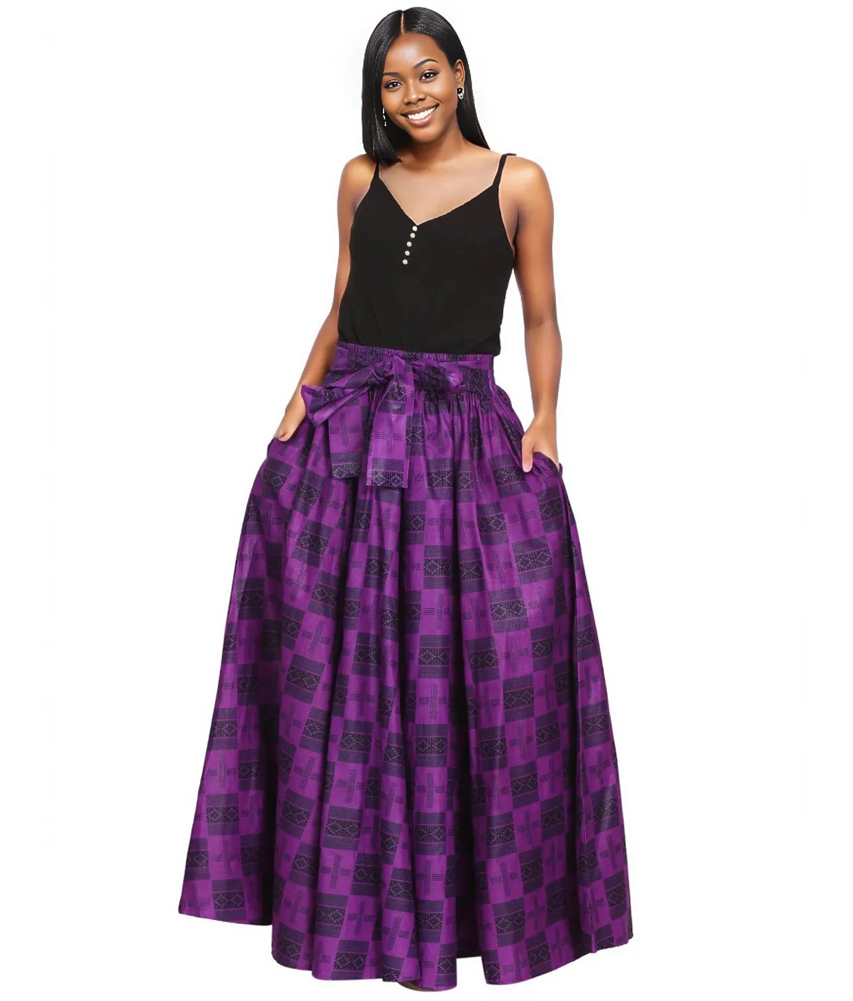 Hand Made African Print Full Skirt with Coordinating Head Wrap and Facemask (Purple and Black Squared)