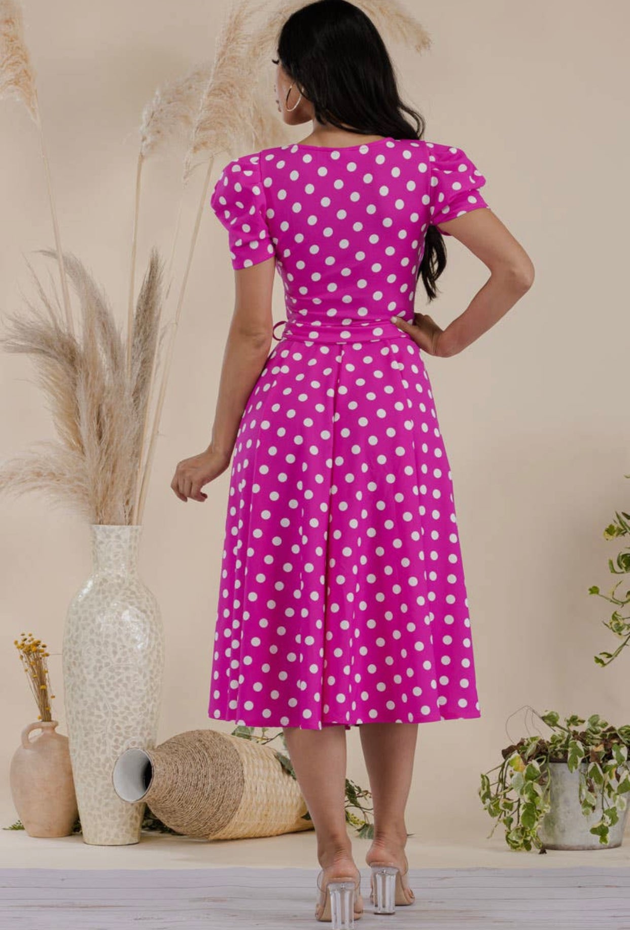 Puff Sleeve Polka Dot Cocktail Dress, Sizes 1X - 3X (Fuschia)