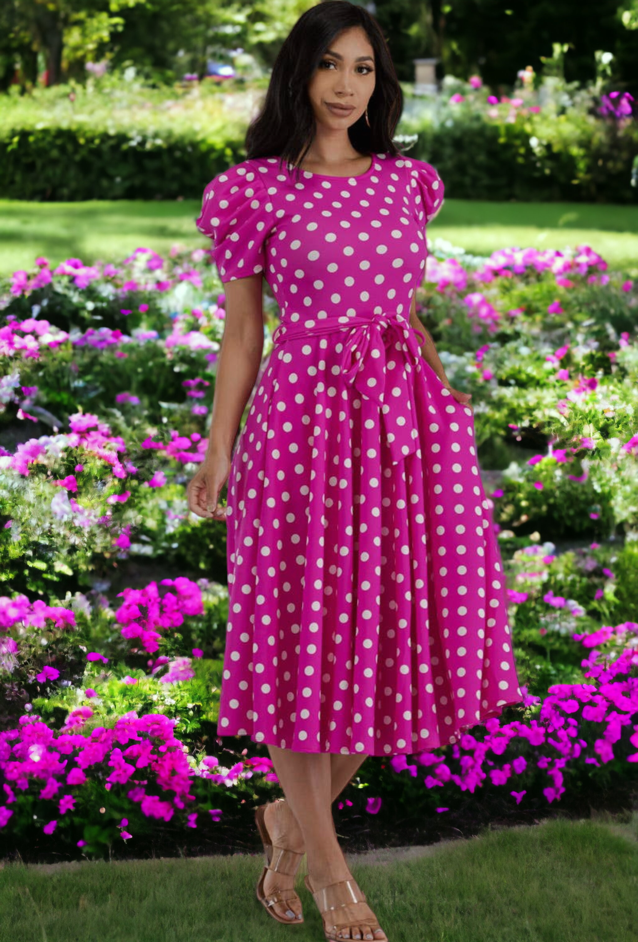 Puff Sleeve Polka Dot Cocktail Dress, Sizes 1X - 3X (Fuschia)