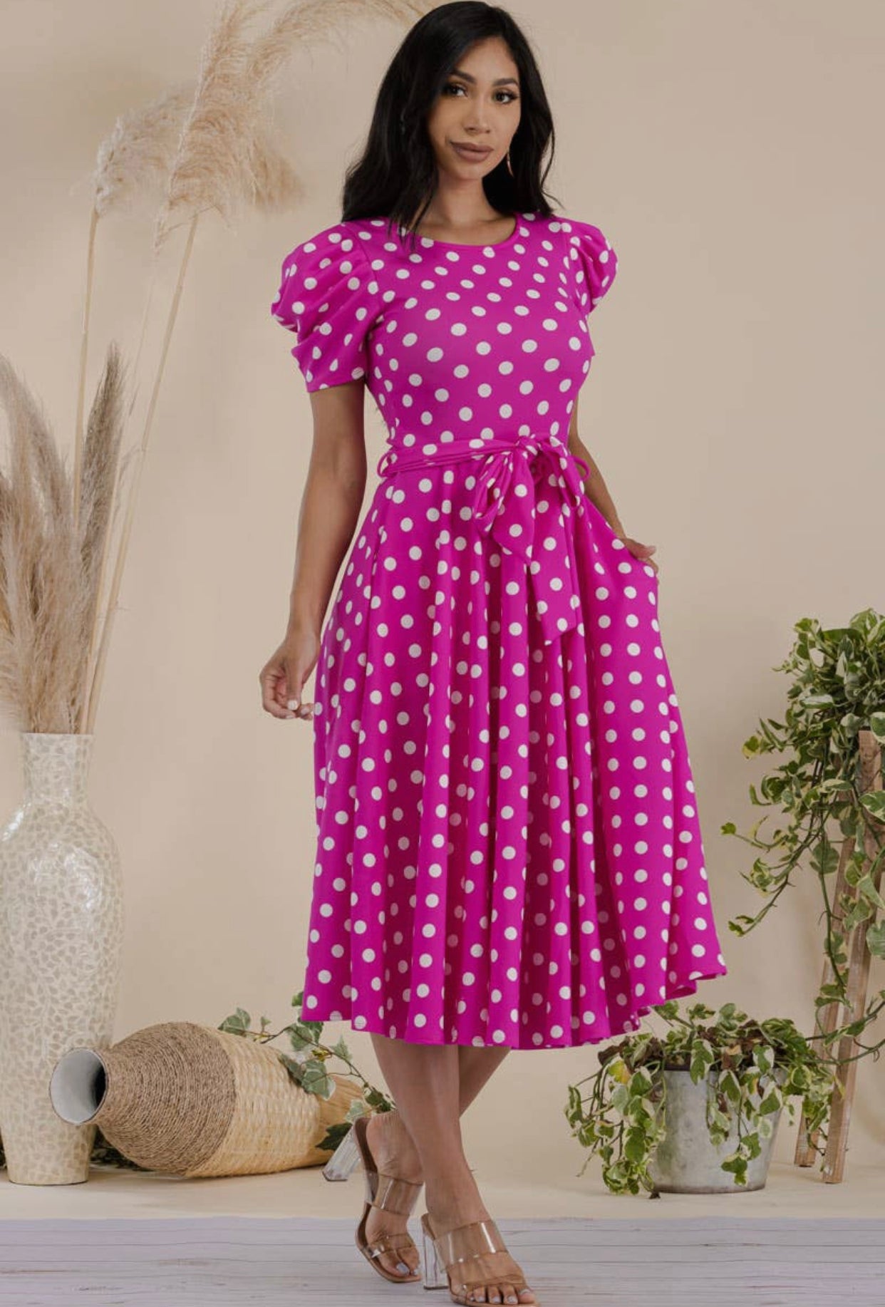 Puff Sleeve Polka Dot Cocktail Dress, Sizes 1X - 3X (Fuschia)