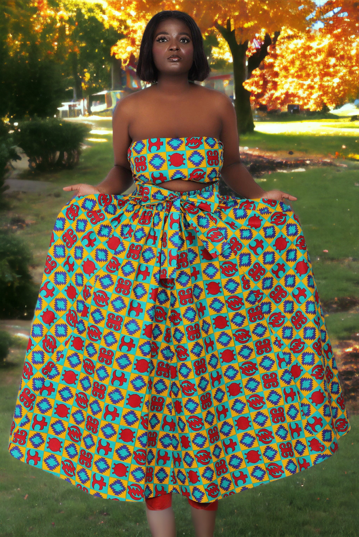 Hand Mad African Print Full Skirt with Coordinating Head Wrap and Facemask (Red, Blue, Yellow Patterns)