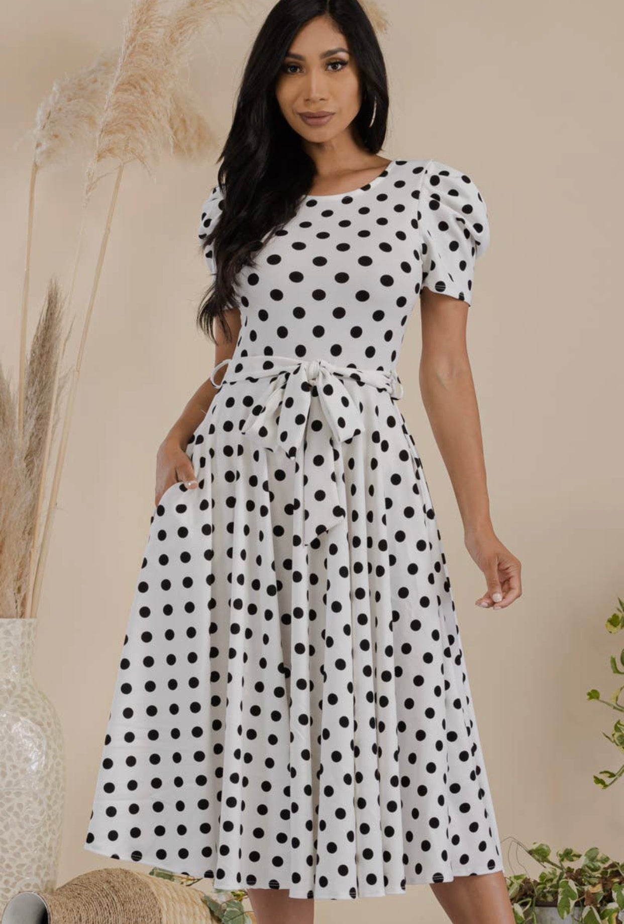 Puff Sleeve Polka Dot Cocktail Dress, Sizes 1X - 3X (Ivory)