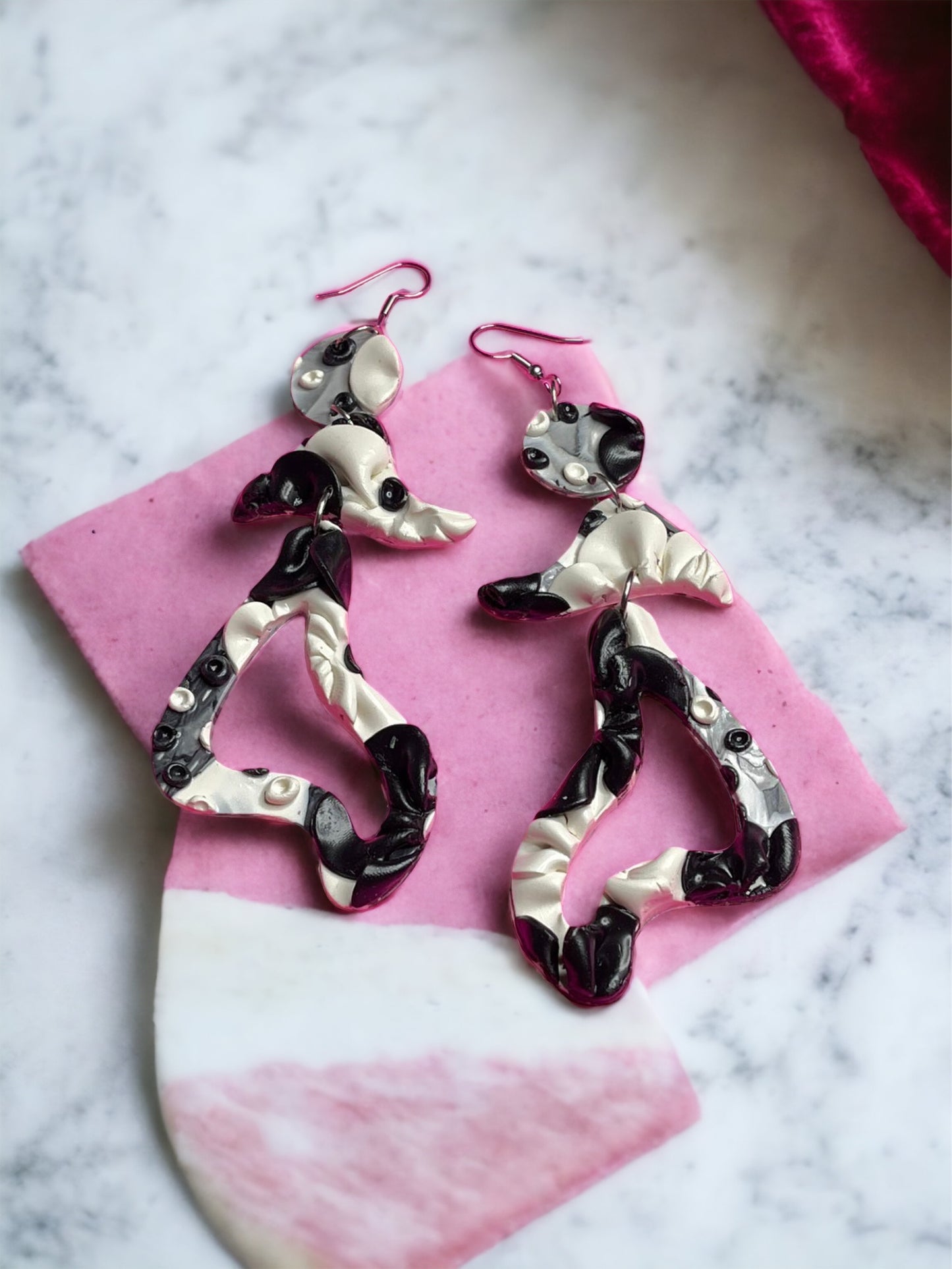 Hand Made Bubble Flower Salsa Lady Black and White Dangle Earrings