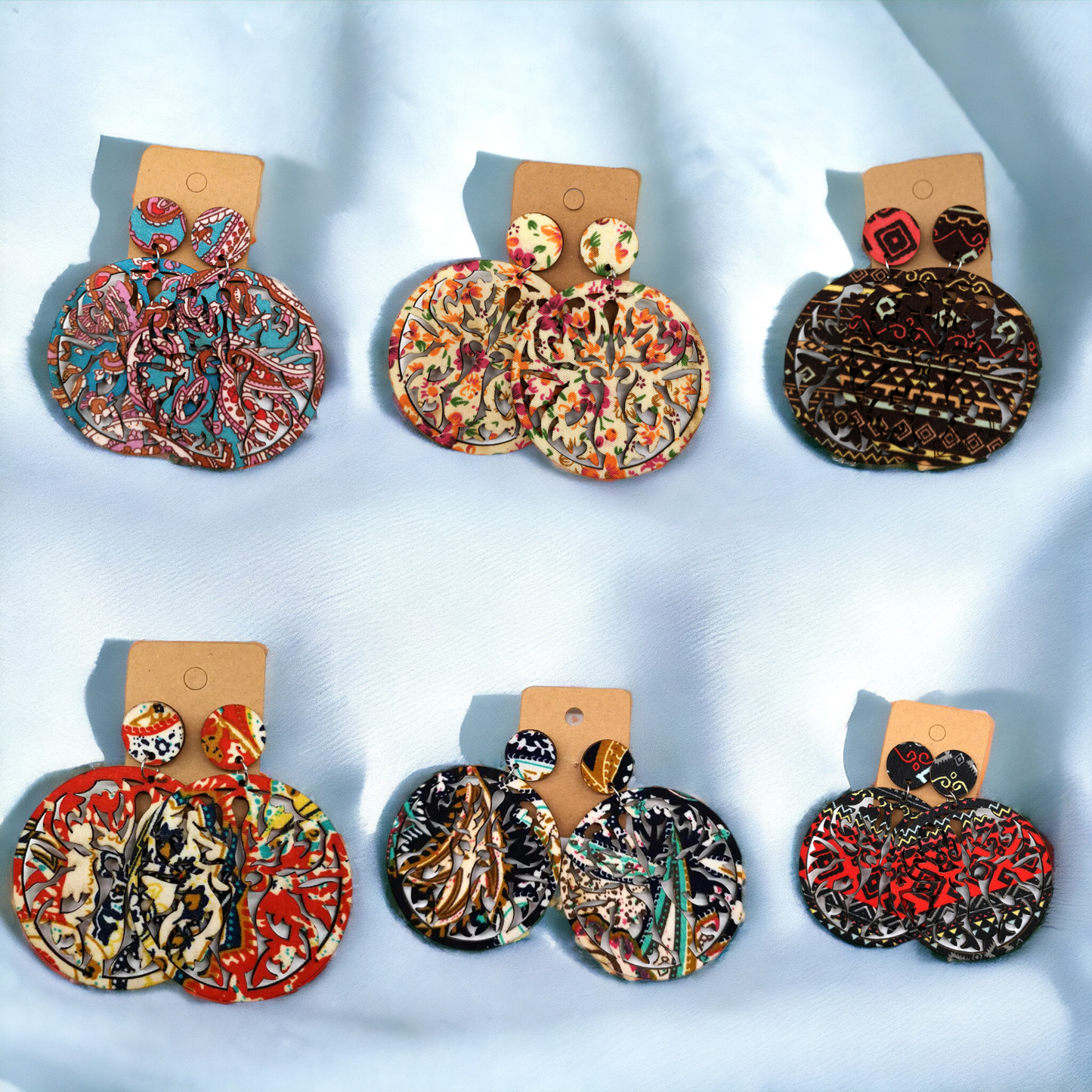 Round Hand Made Fabric African Print Wooden Earrings