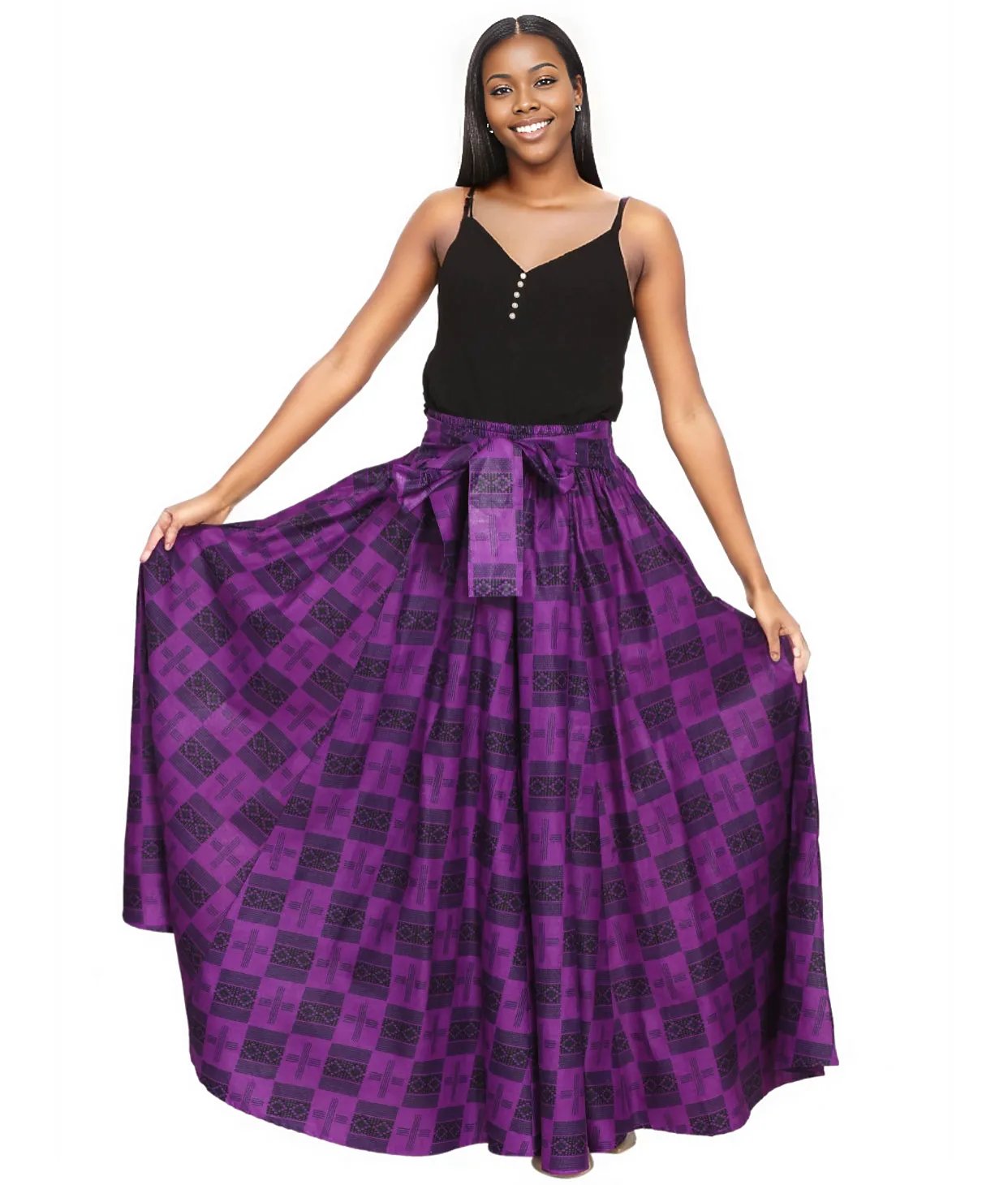 Hand Made African Print Full Skirt with Coordinating Head Wrap and Facemask (Purple and Black Squared)