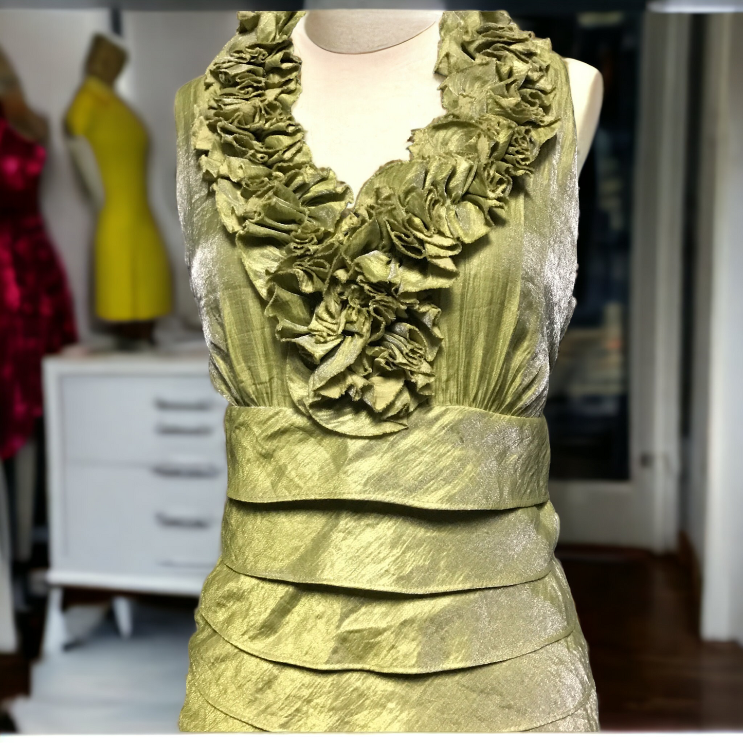London Times Lime Green Formal Tier Dress, US Size 4 - NEW