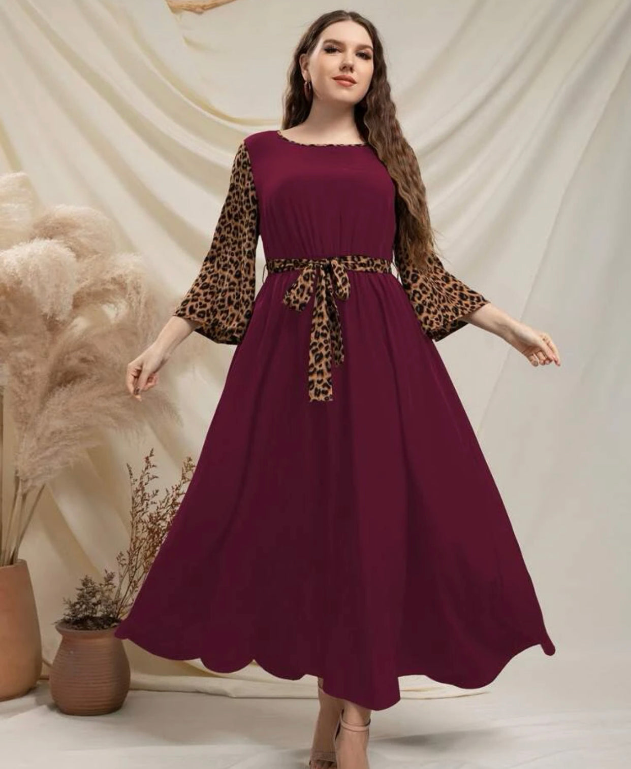 Leopard Print Trumpet Sleeve Dress, US Sizes 12 - 22