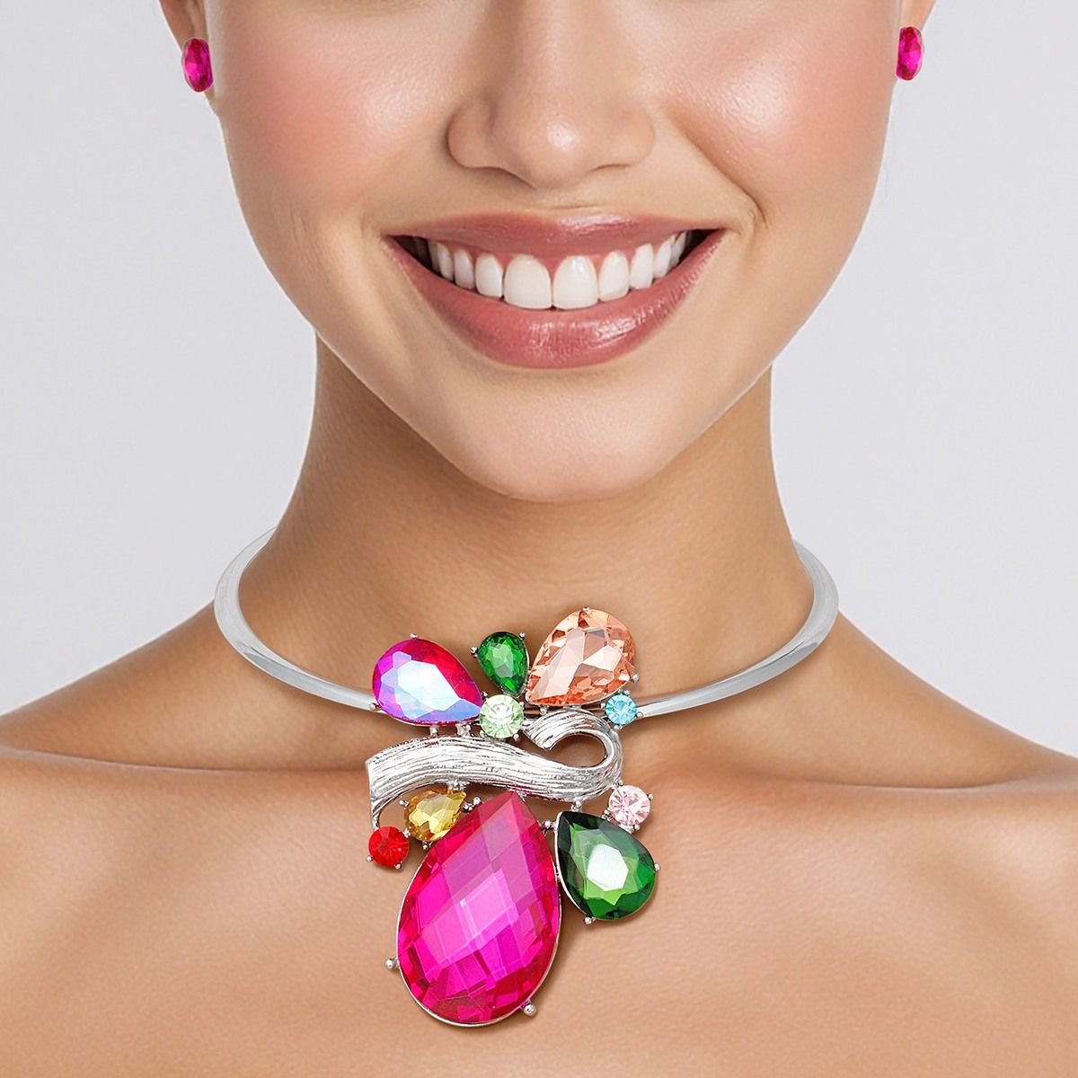 Choker Silver Multi Crystal Teardrop Slide Pendant