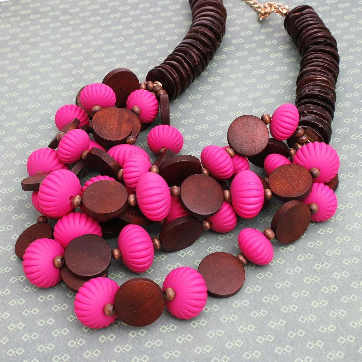 Beaded Fuchsia Coconut Wood Disc Necklace Women