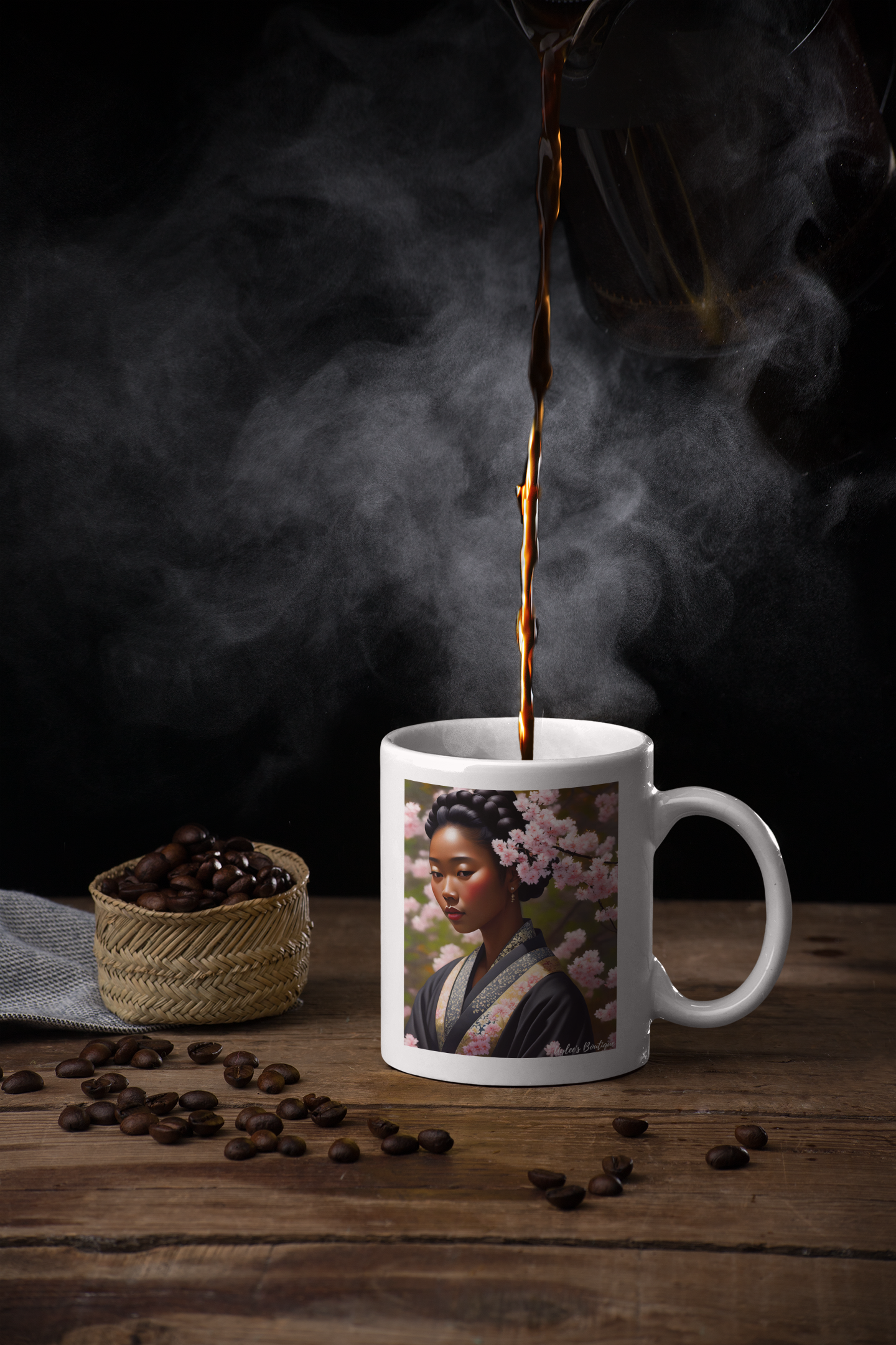 Beautiful Ceramic Custom Mug - Blasian Beauty in Braids and Cherry Blossoms