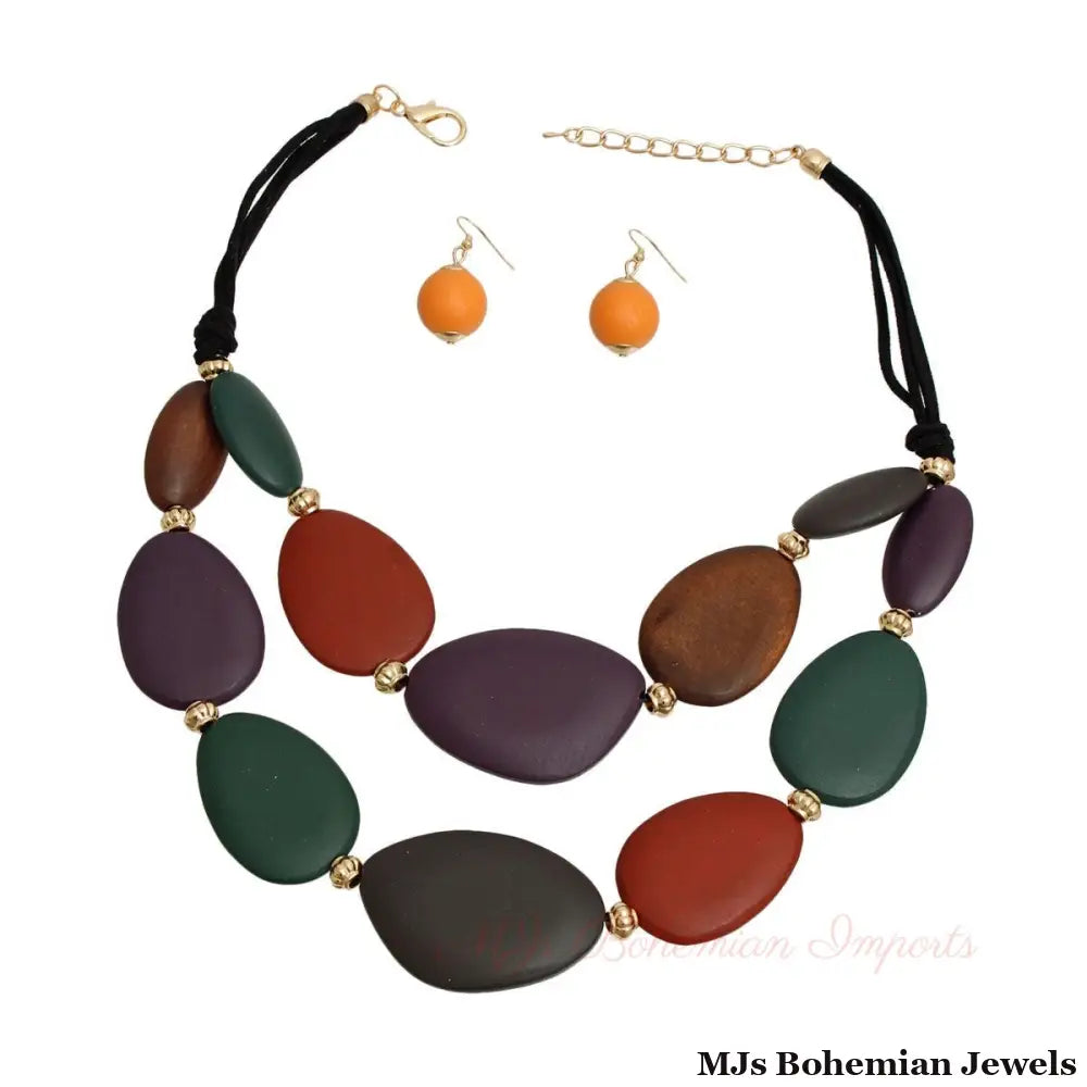 Multi Color Wood Layered Cord Necklace