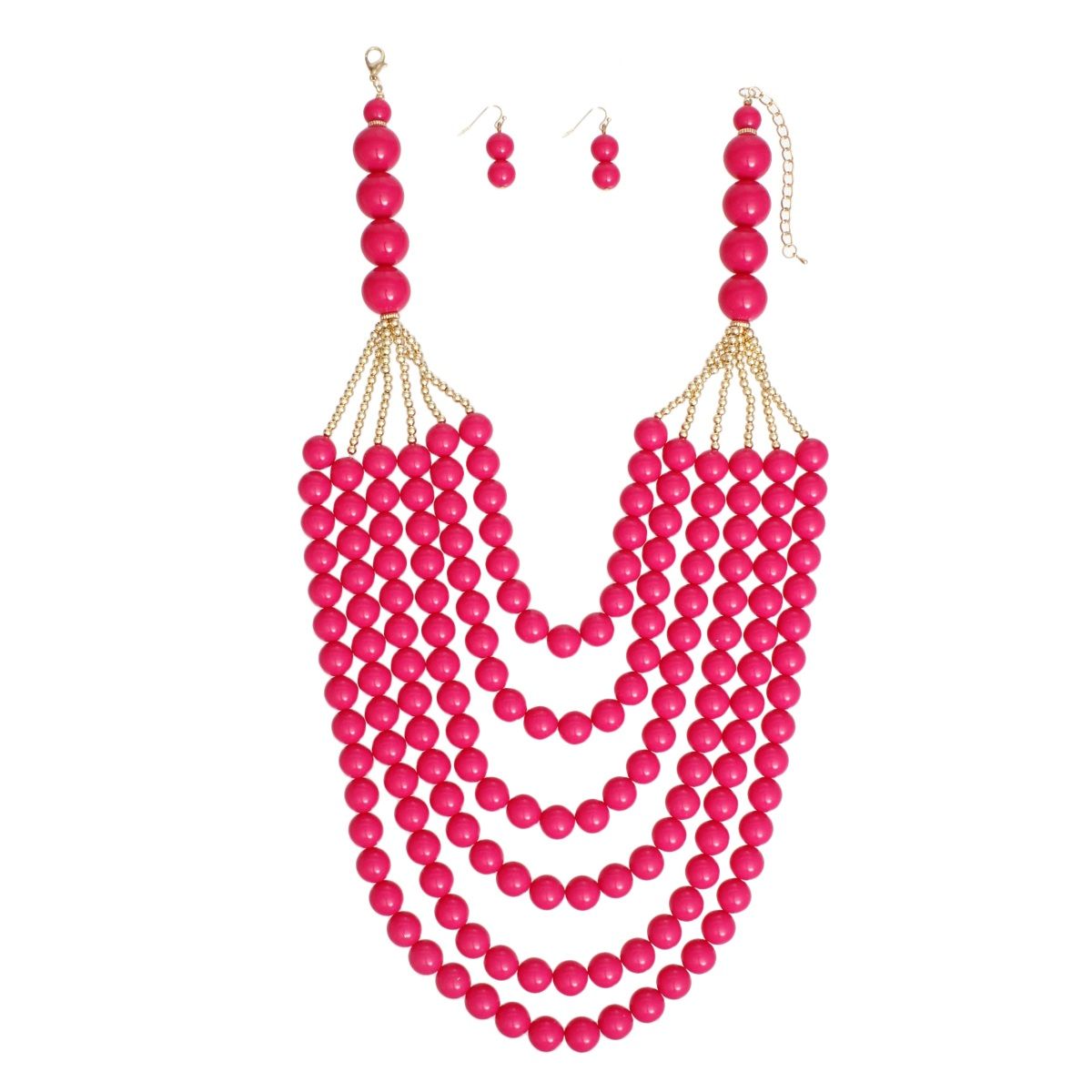 Beaded Long Layer 6 Strand Pink Chunky Necklace