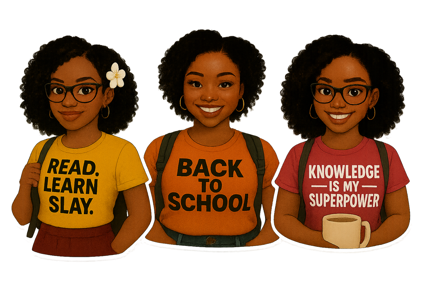 Back to School PNG Bundle | African American Girl Clipart | Coffee Mug & T-Shirt | 20 PNG Digital Download for Stickers, Journals and More