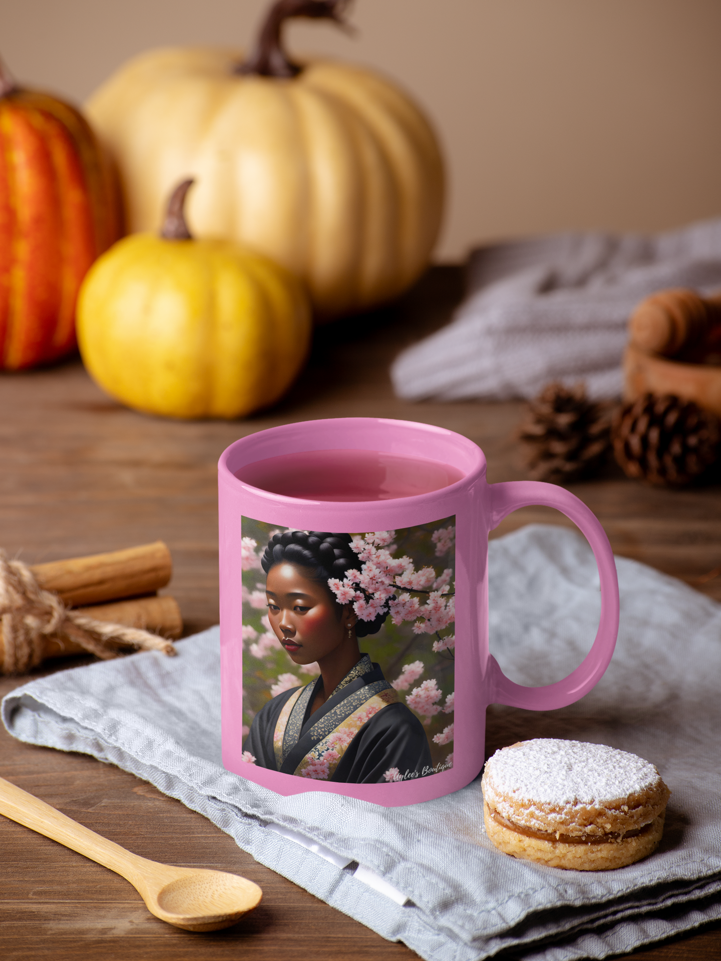 Beautiful Ceramic Custom Mug - Blasian Beauty in Braids and Cherry Blossoms