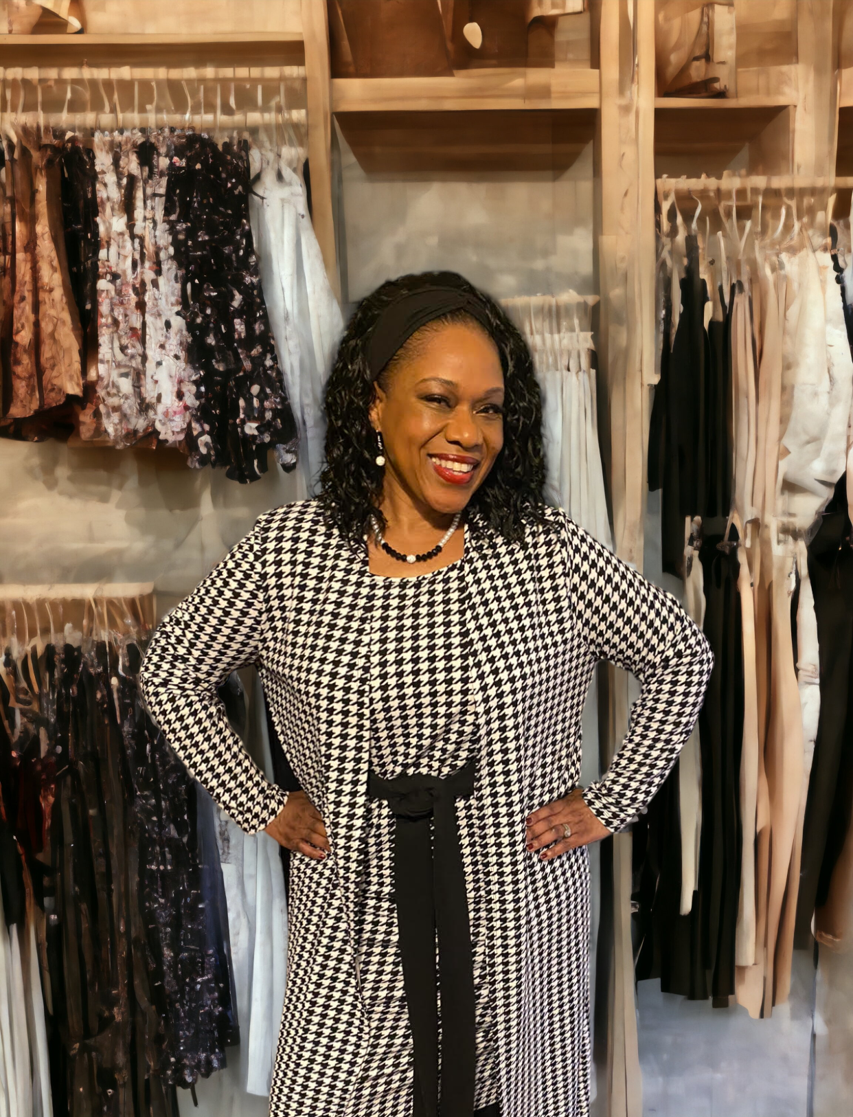 Houndstooth Open Front Coat and Tie Front Dress, US Sizes 0 - 20