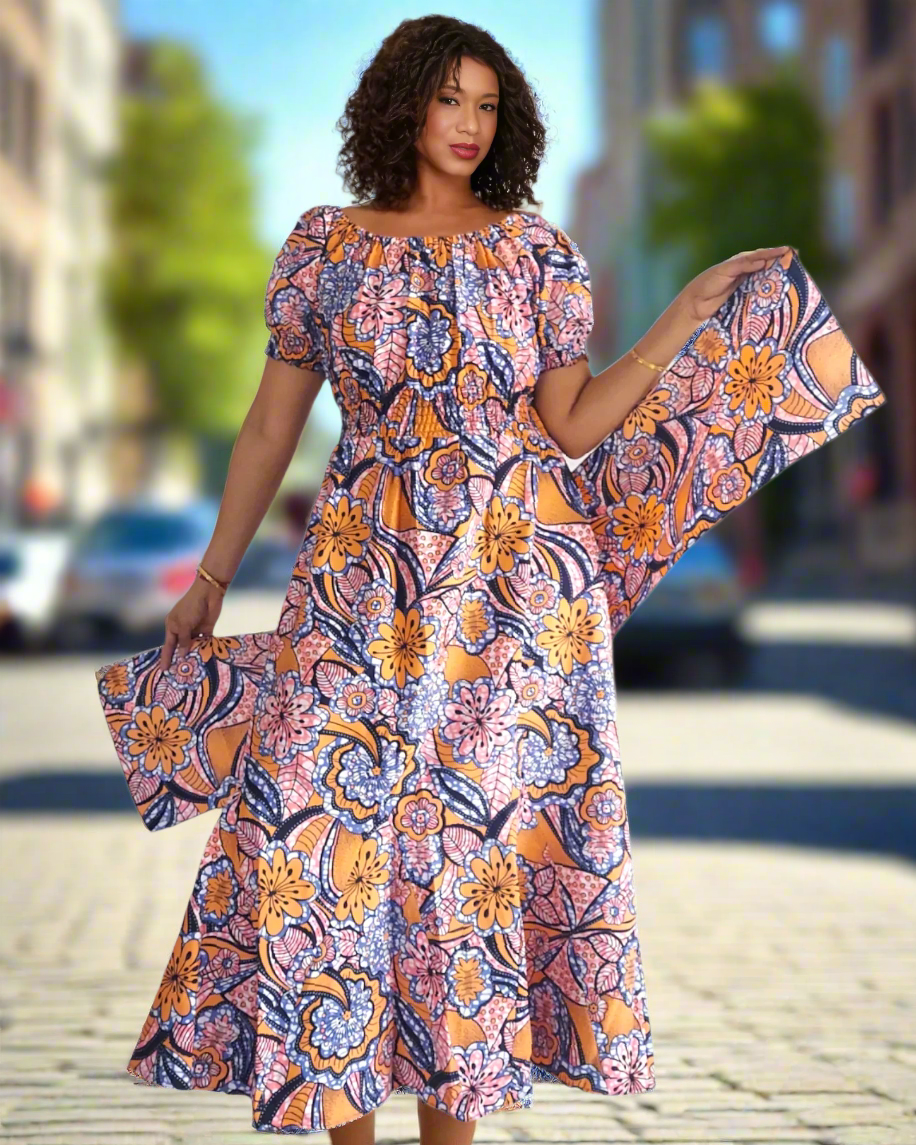 Short Puff Sleeve Maxi Dress with Head Wrap, Multiple Colors (free size)