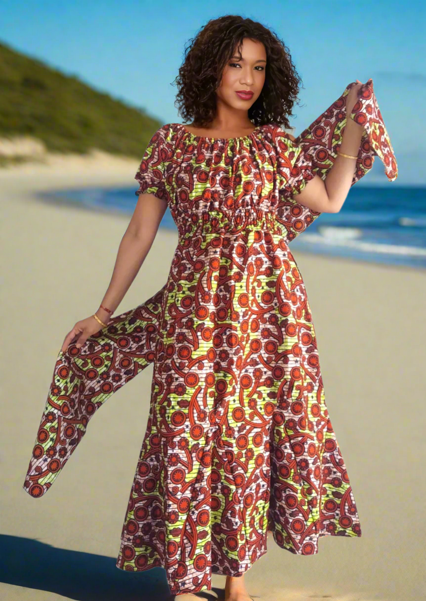 Short Puff Sleeve Maxi Dress with Head Wrap, Multiple Colors (free size)